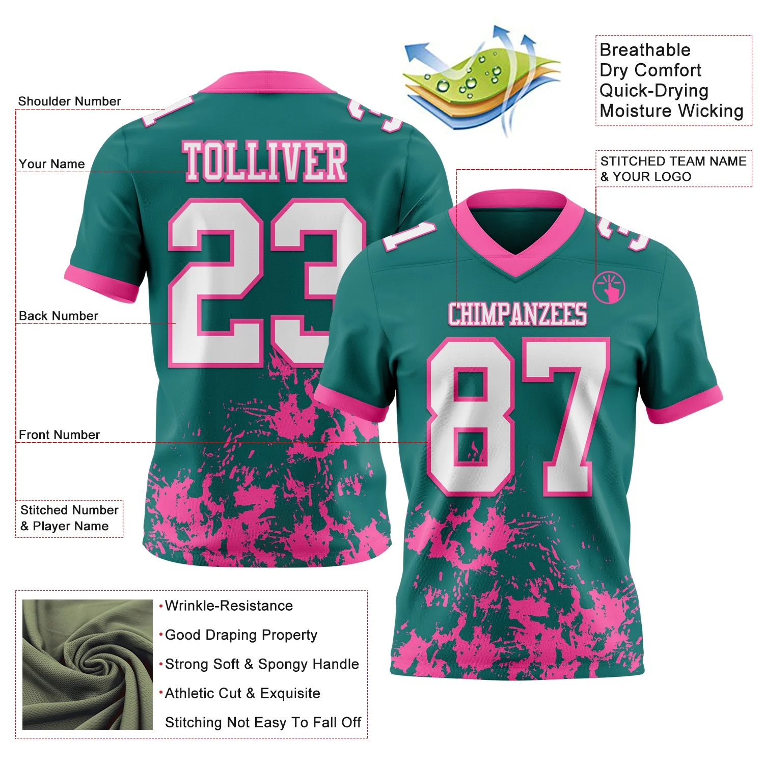 Custom Teal White-Pink 3D Pattern Splash Authentic Football Jersey