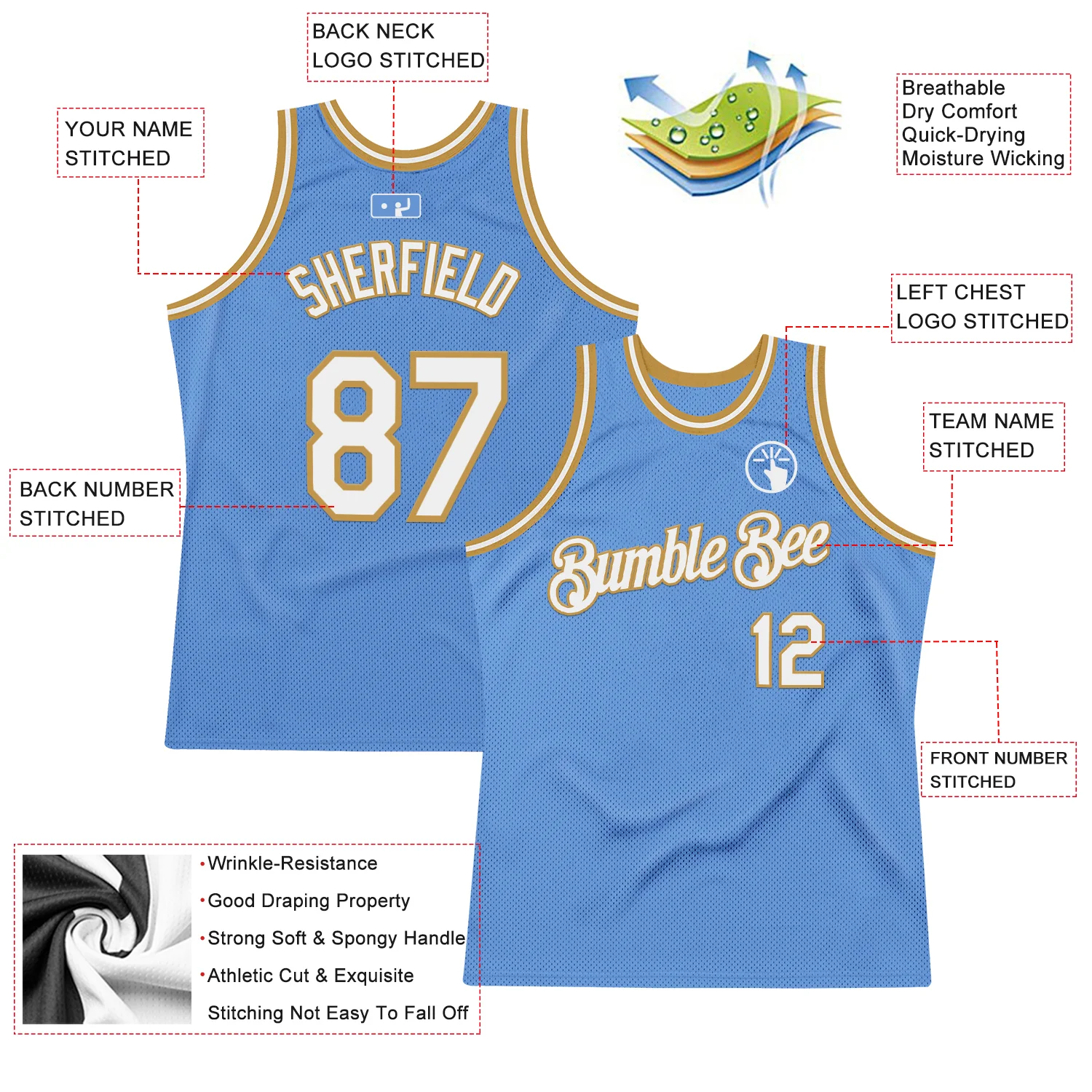 Custom Light Blue White-Old Gold Authentic Throwback Basketball Jersey