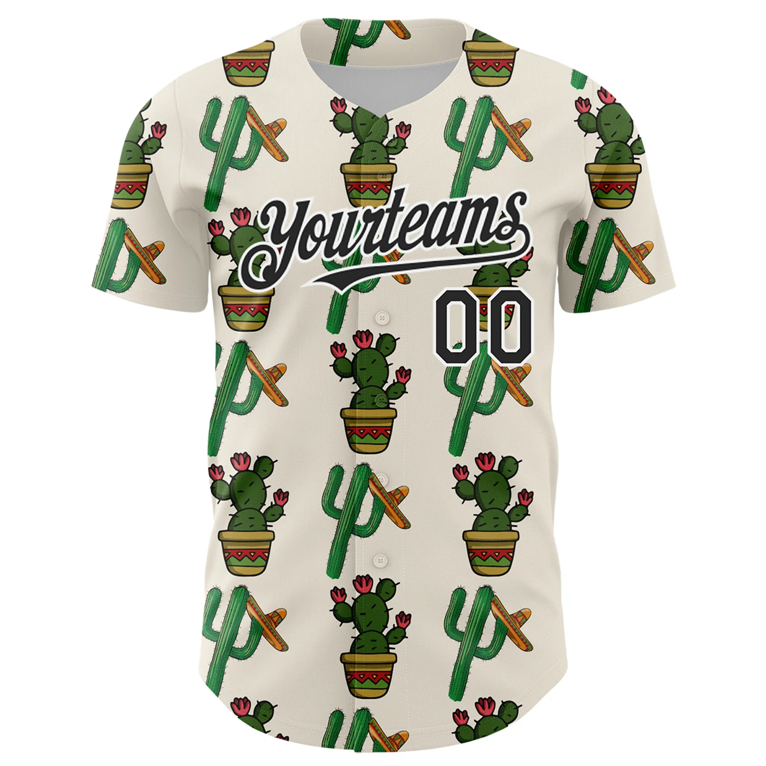 Custom Cream Black-White 3D Mexican Cactus Authentic Baseball Jersey