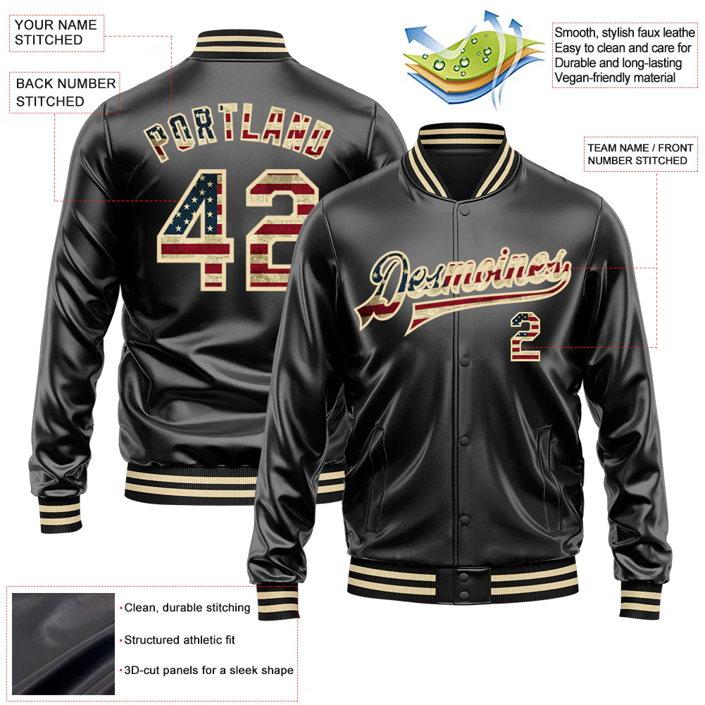 Custom Black Vintage USA Flag-Cream Bomber Full-Snap Varsity Faux Leather Letterman Jacket