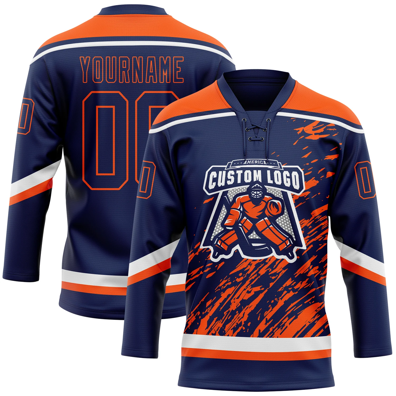 Custom Navy Orange-White 3D Splash Art Hockey Lace Neck Jersey