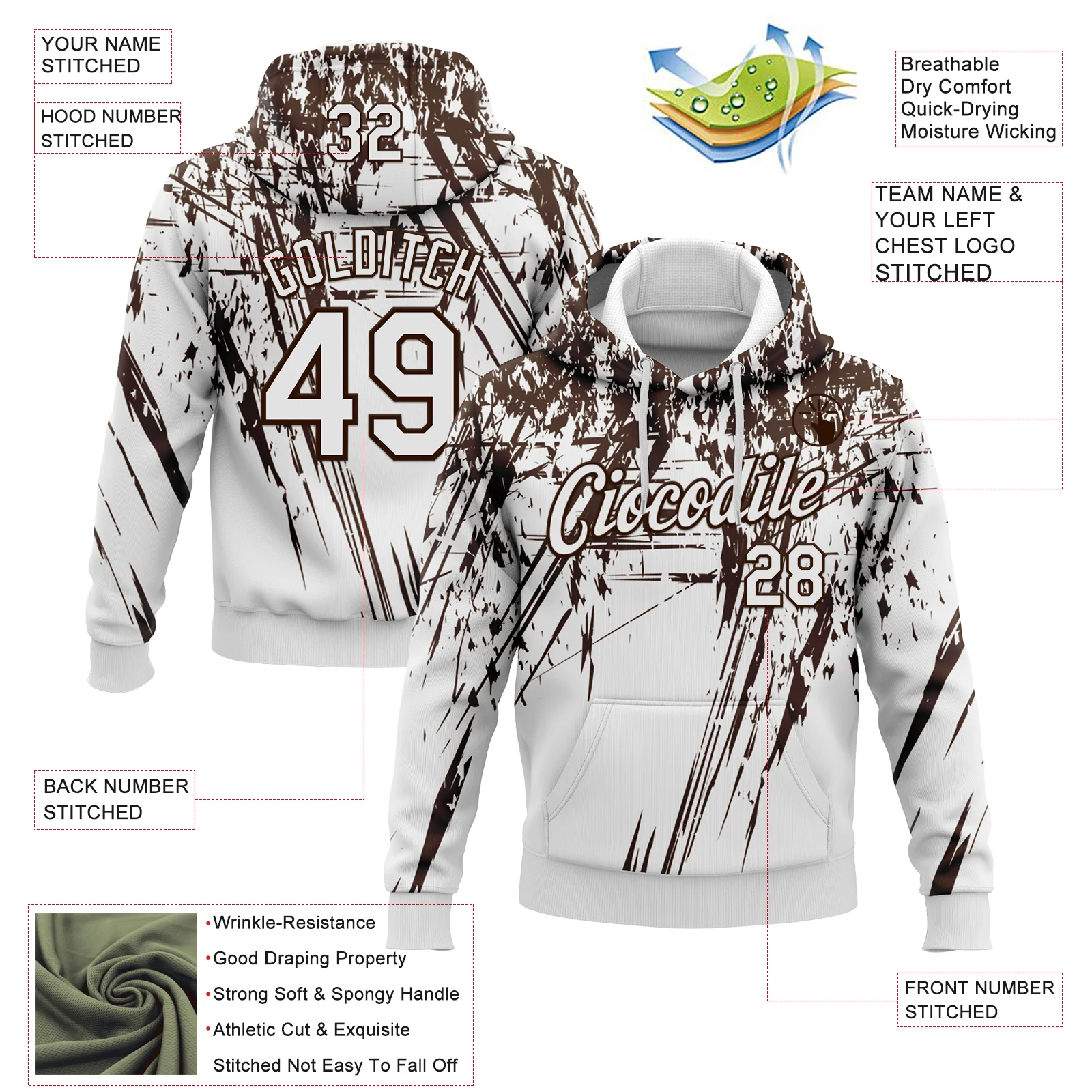 Custom Stitched White Brown 3D Pattern Design Splash Grunge Art Sports Pullover Sweatshirt Hoodie