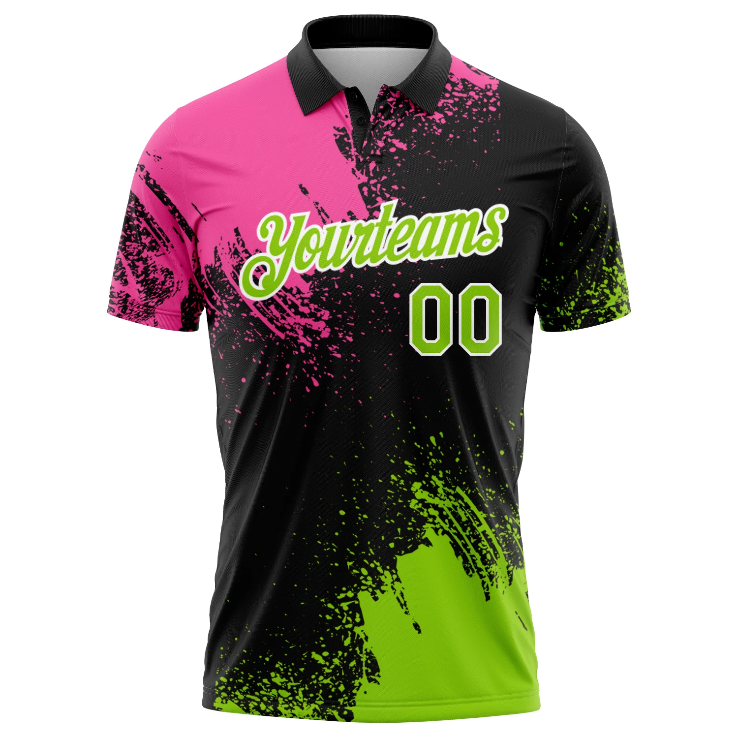 Custom Pink Neon Green-Black 3D Pattern Design Abstract Brush Stroke Performance Polo Shirt