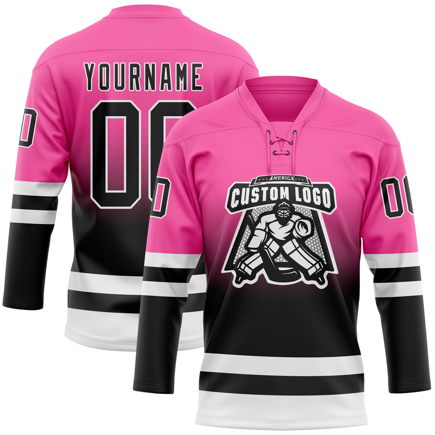 Custom Pink Black-White Fade Fashion Hockey Lace Neck Jersey
