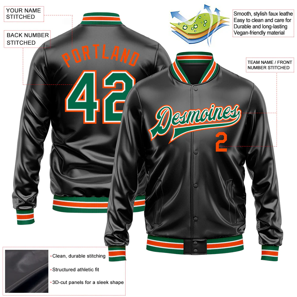 Custom Black Kelly Green-Orange Bomber Full-Snap Varsity Faux Leather Letterman Jacket