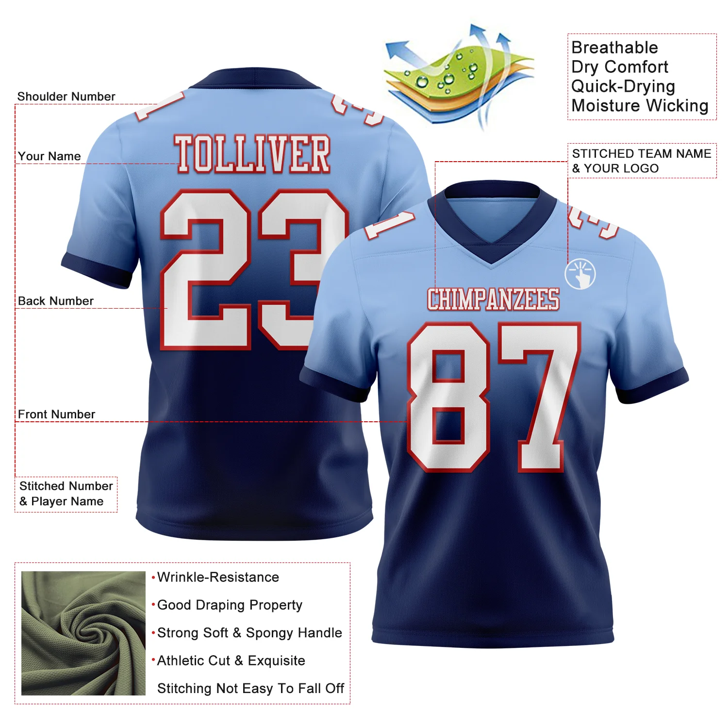 Custom Light Blue White Navy-Red Authentic Fade Fashion Football Jersey