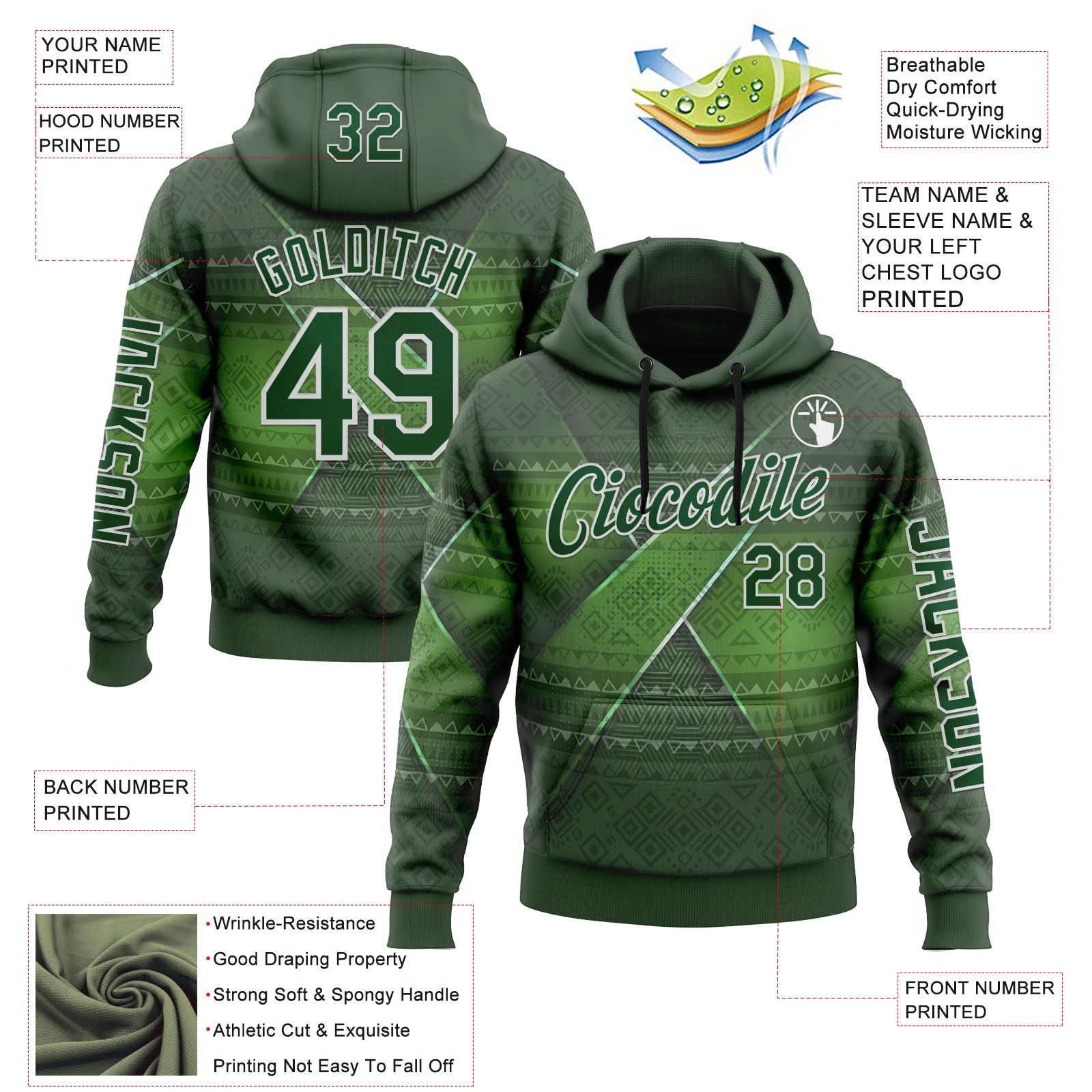 Custom Green White 3D Pattern Design Ethnic Tribal Sportswear Pullover Sweatshirt Hoodie