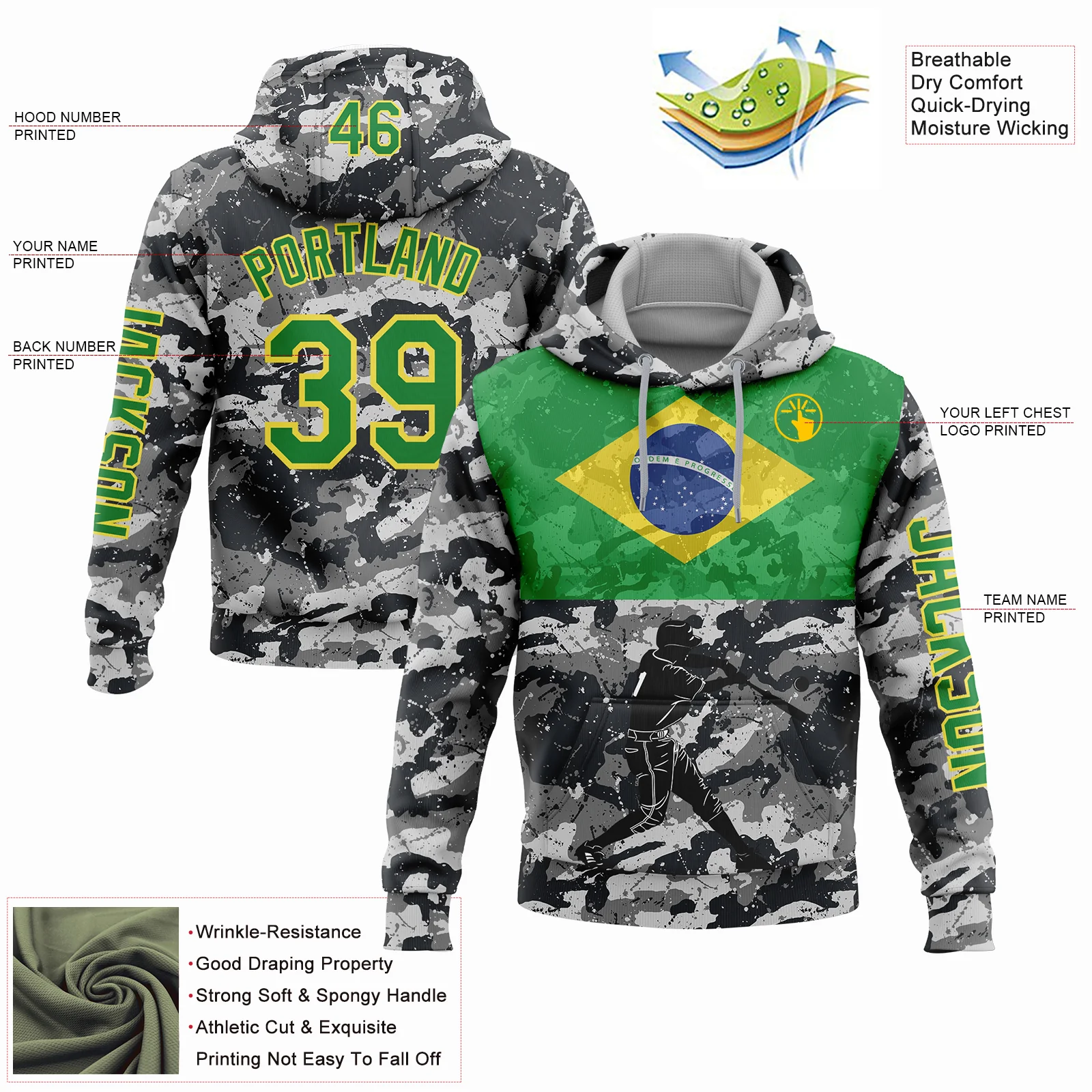 Custom Camo Grass Green-Yellow 3D Brasil Brazilian Flag Sports Pullover Sweatshirt Salute To Service Hoodie