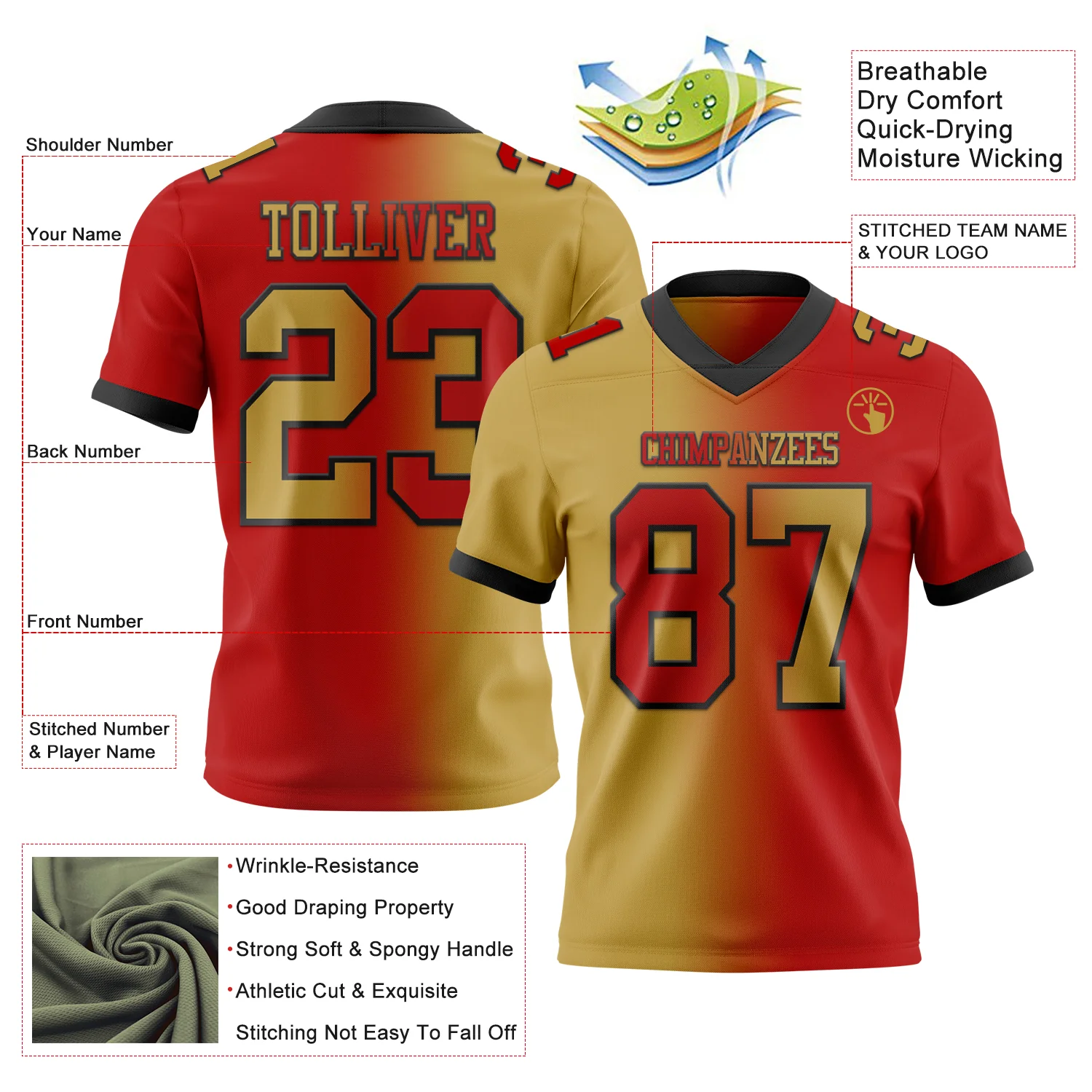 Custom Red Old Gold-Black Authentic Gradient Fashion Football Jersey