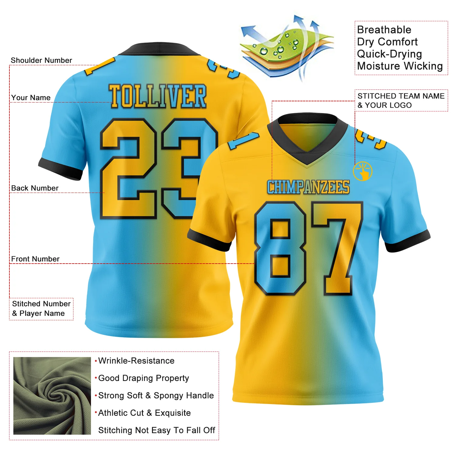 Custom Sky Blue Gold-Black Authentic Gradient Fashion Football Jersey