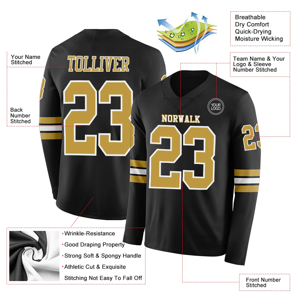 Custom Black Old Gold-White Long Sleeve Authentic Football Jersey