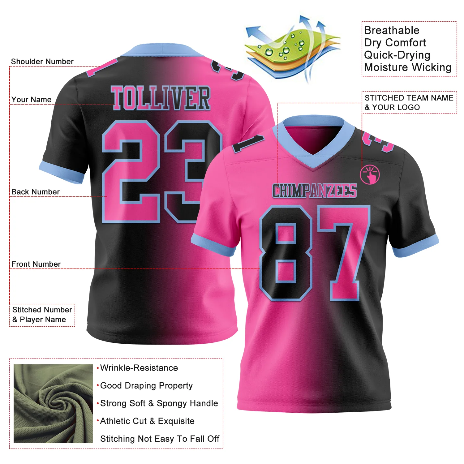 Custom Black Pink-Light Blue Authentic Gradient Fashion Football Jersey