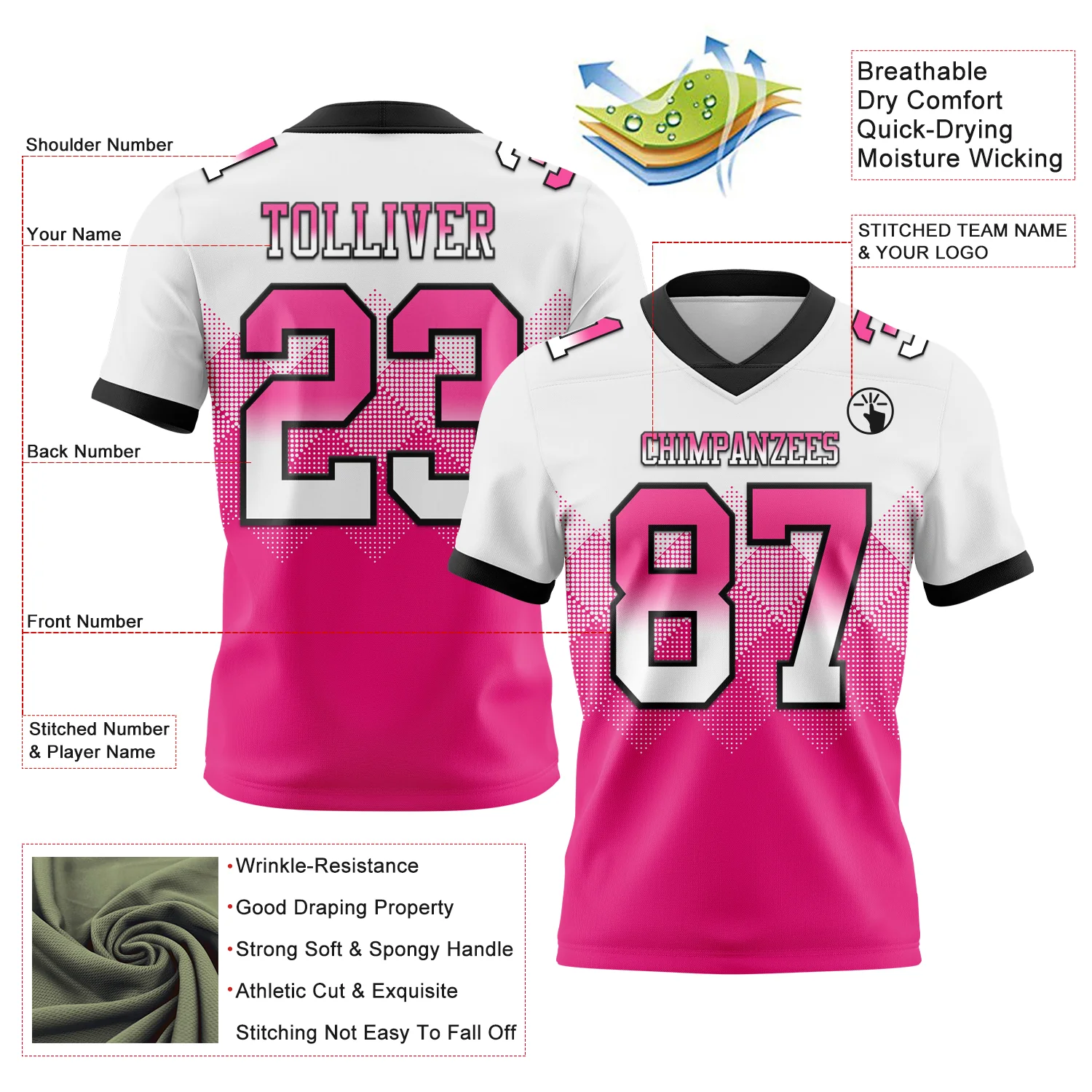 Custom White Hot Pink-Black Authentic Gradient Square Shape Flag Football Jersey