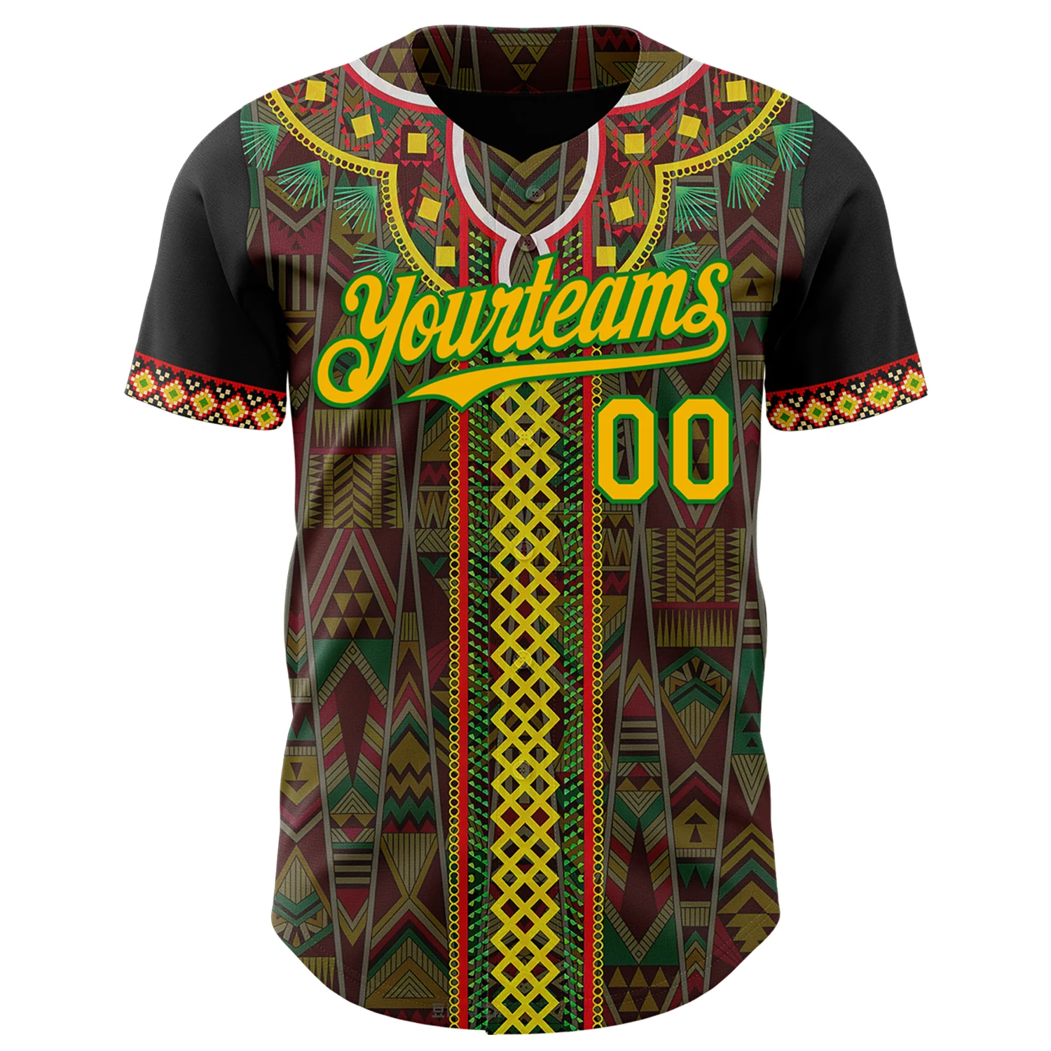 Custom Black Gold Grass Green-Red 3D Pattern Design Black History Month Africa Tribal Authentic Baseball Jersey