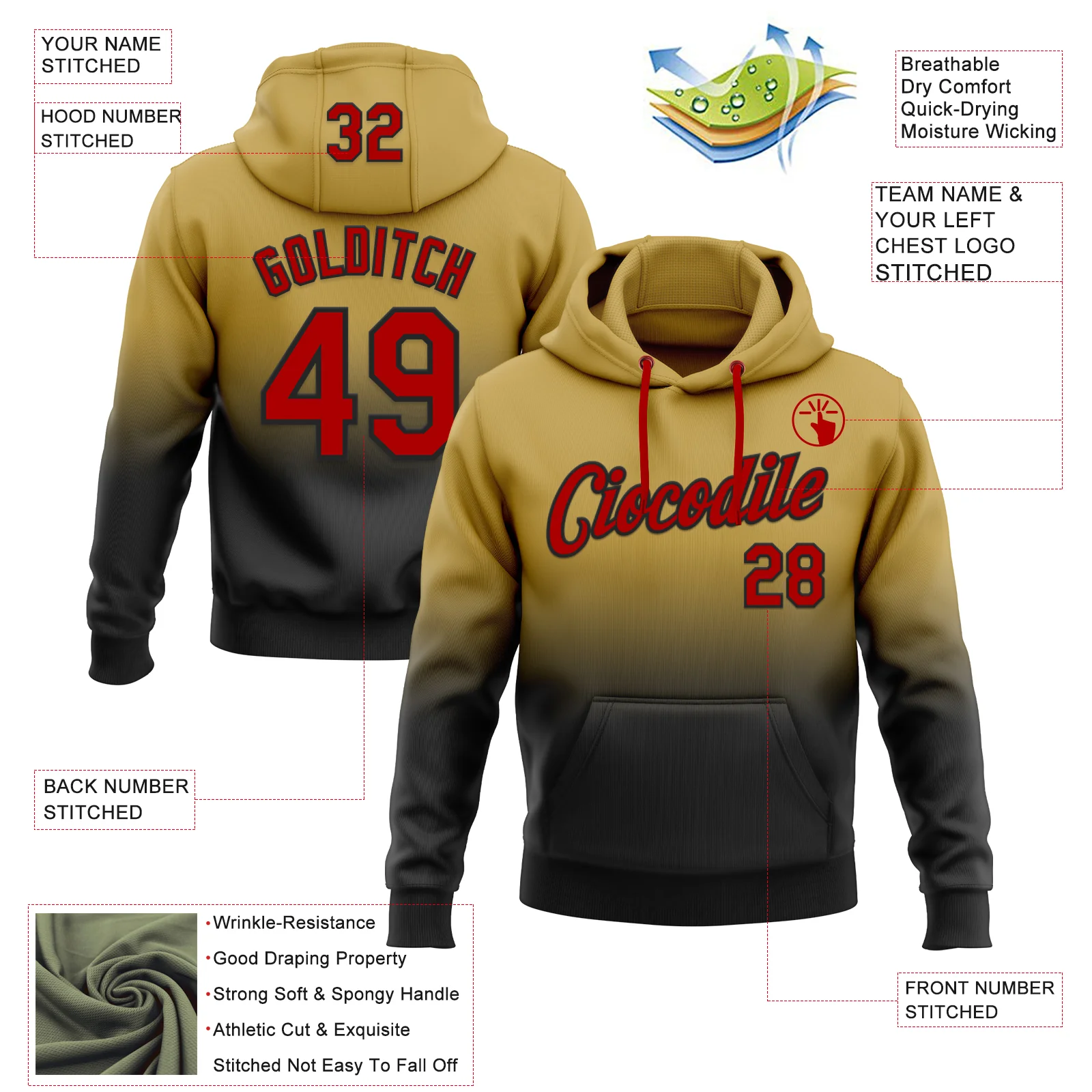 Custom Stitched Old Gold Red-Black Fade Fashion Sports Pullover Sweatshirt Hoodie