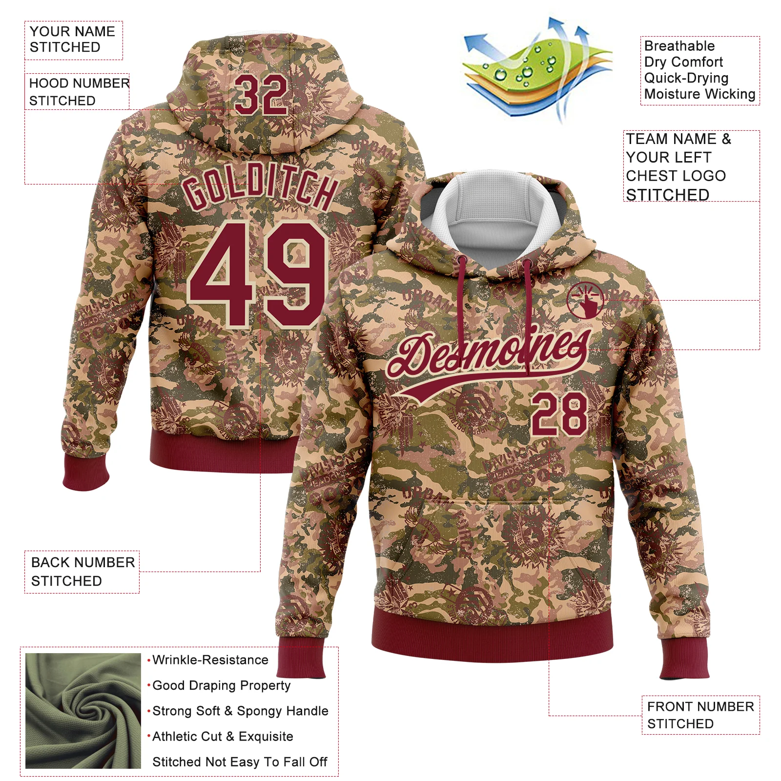 Custom Stitched Camo Crimson-Cream 3D Military Badge Sports Pullover Sweatshirt Salute To Service Hoodie