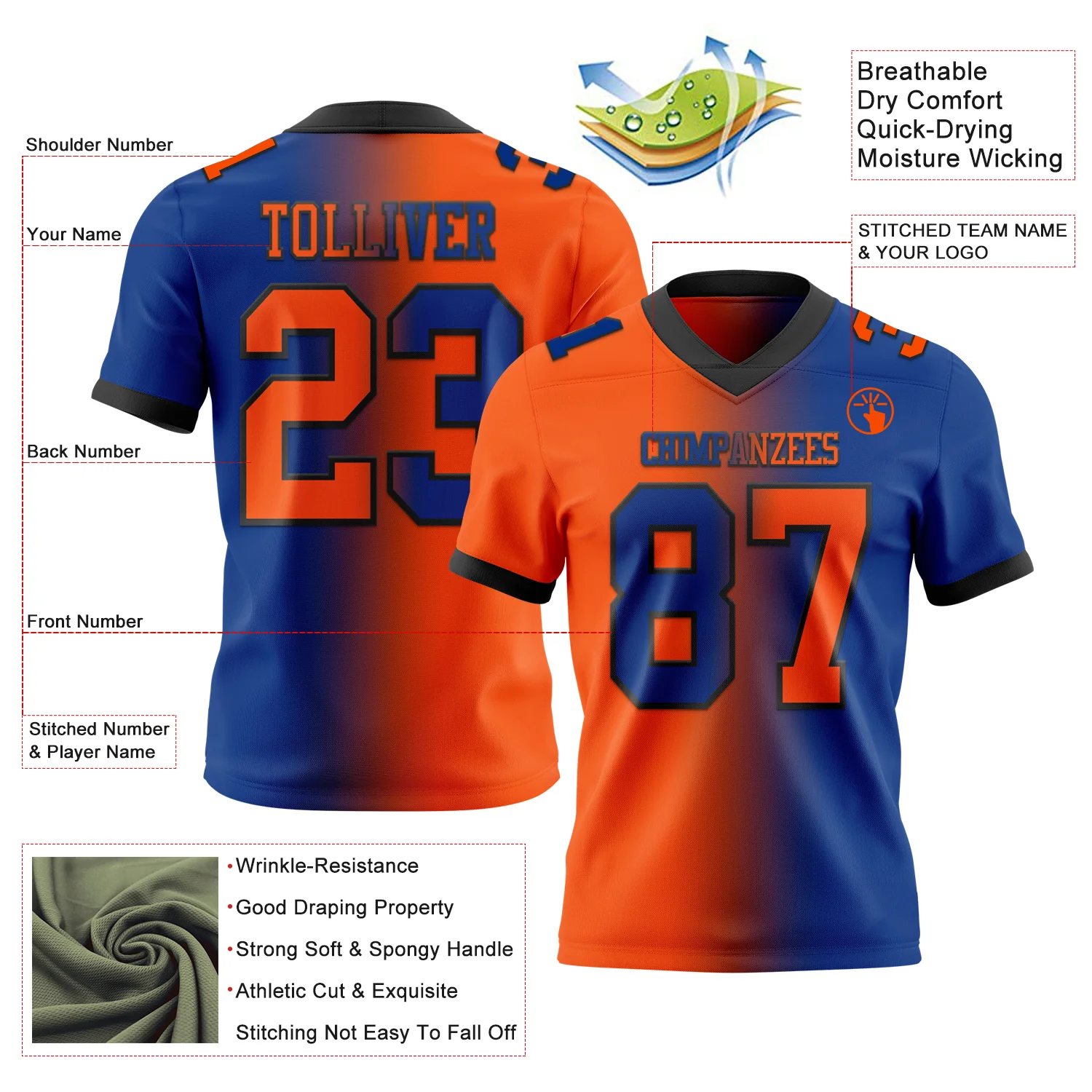 Custom Royal Orange-Black Authentic Gradient Fashion Football Jersey