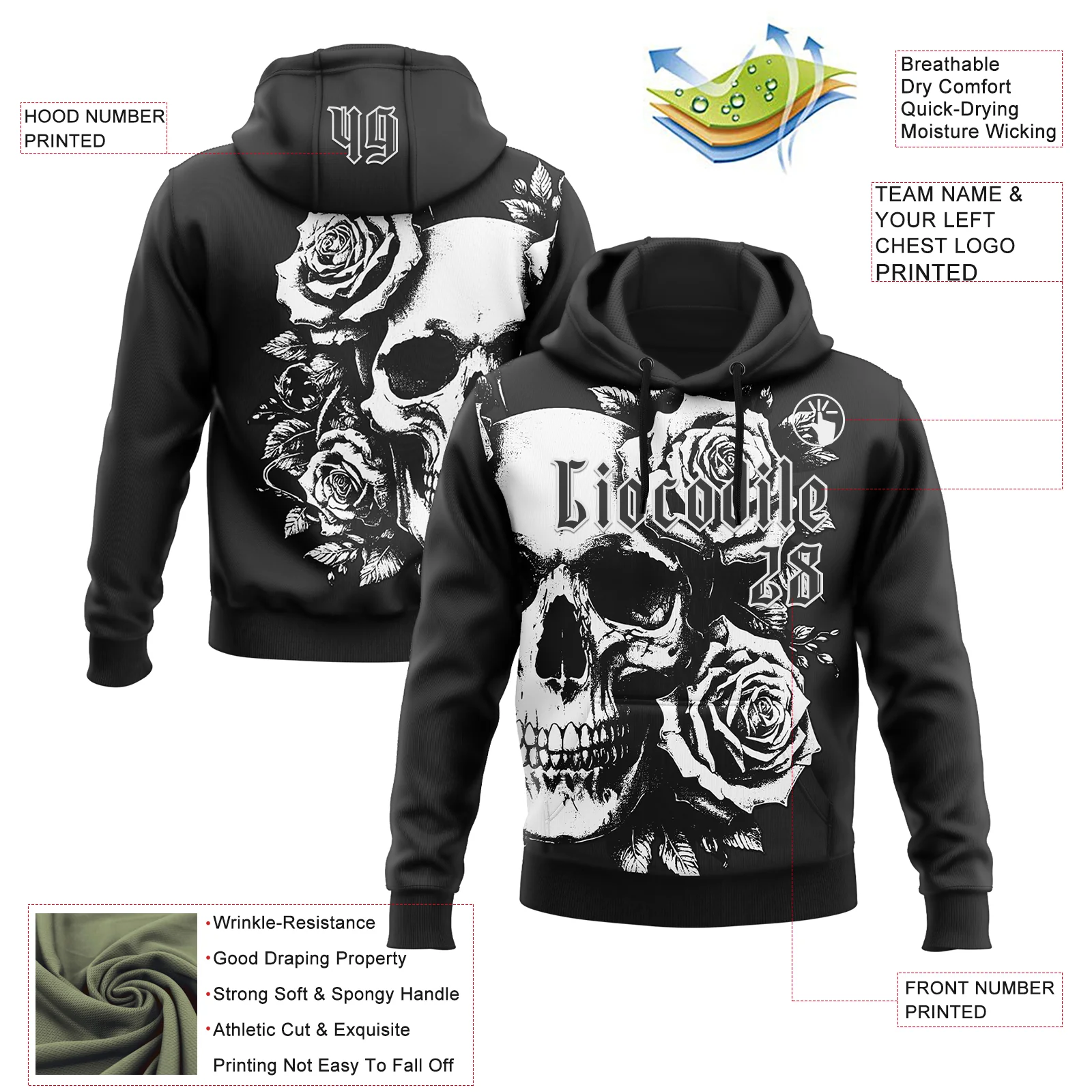 Custom Black White 3D Skull Roses Gothic Vintage Grunge Art Sports Pullover Sweatshirt Hoodie