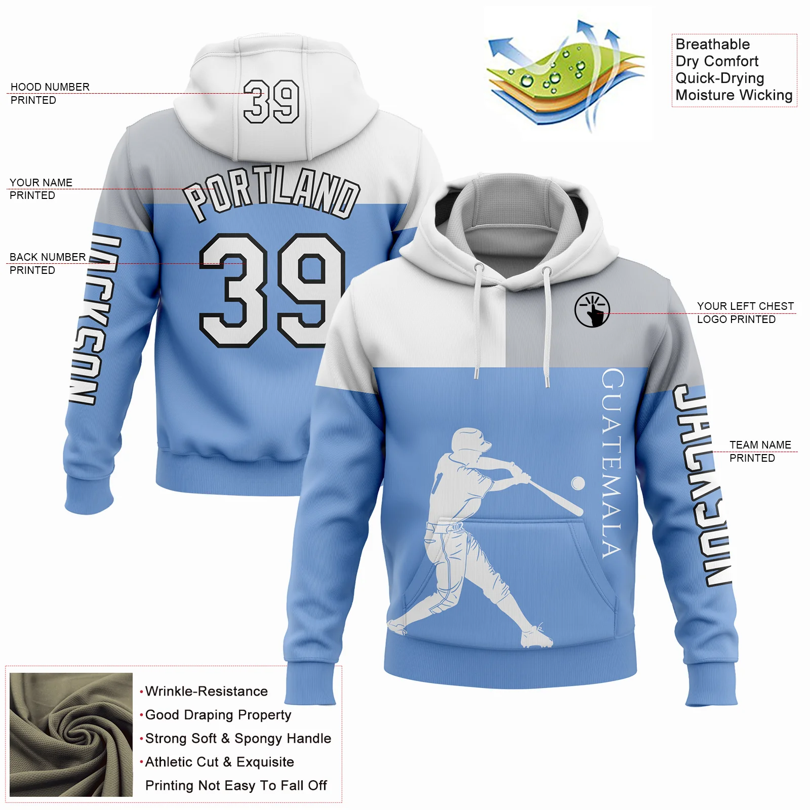 Custom Light Blue Gray-Black 3D Guatemala Guatemalan Flag Sports Pullover Sweatshirt Hoodie