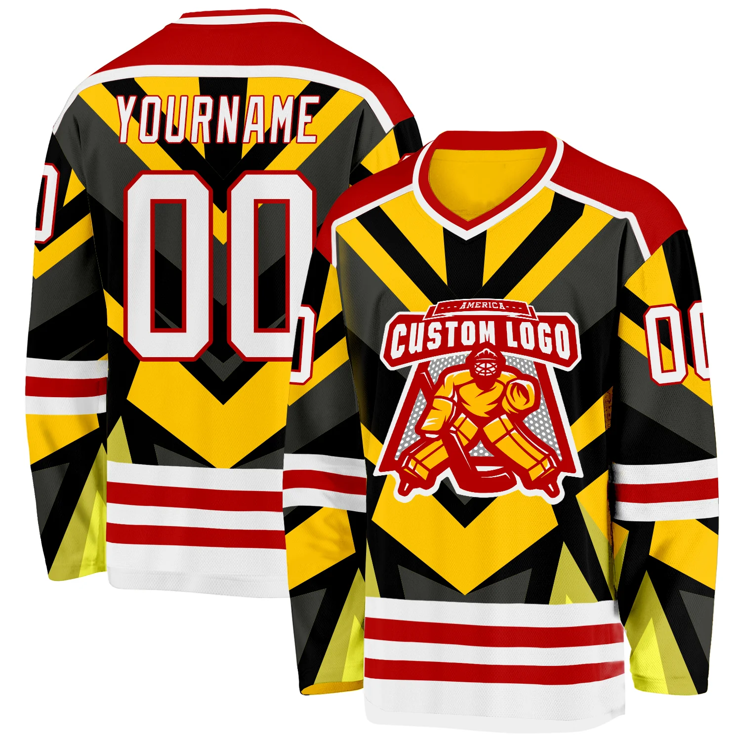 Custom Gold White Black-Red 3D Pattern Cyber Mecha E-sport Hockey Jersey