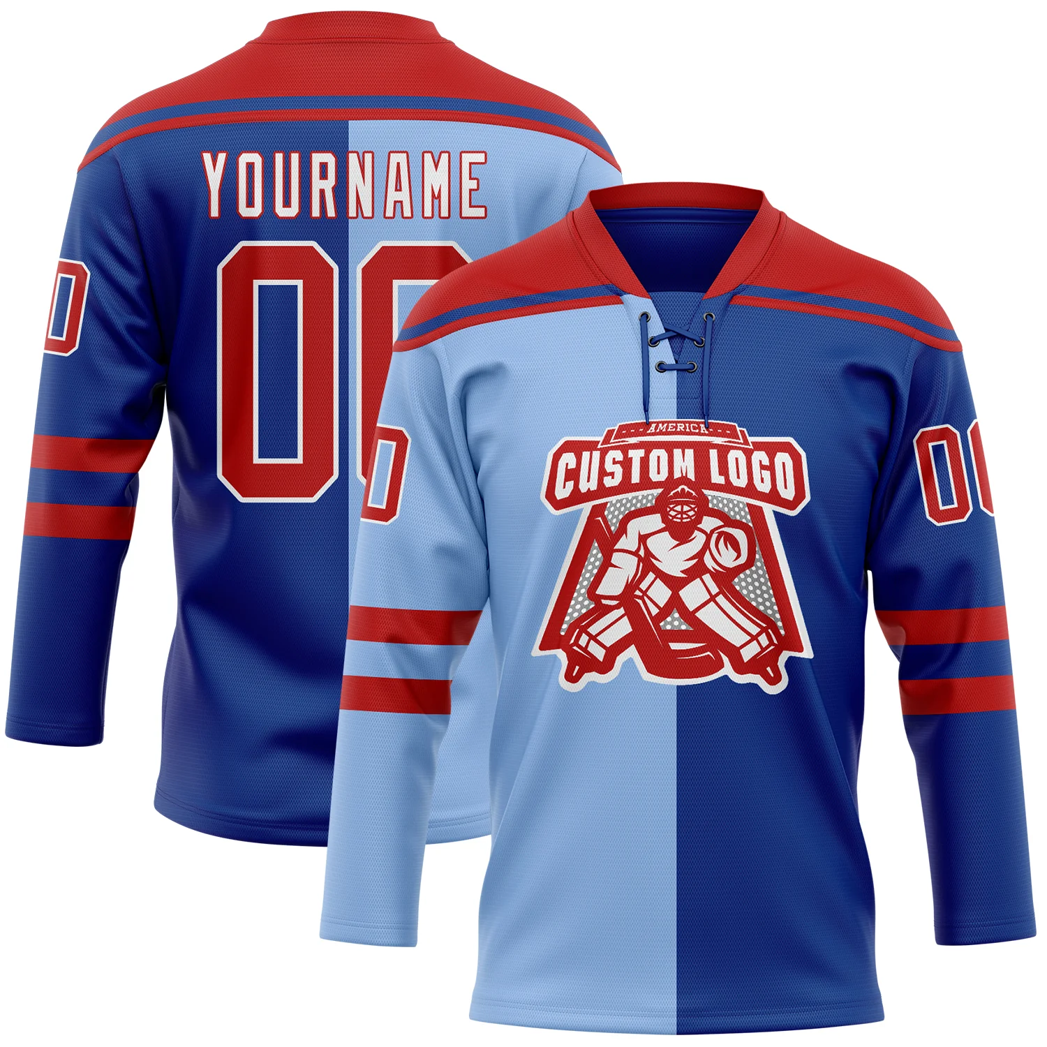 Custom Royal Red Light Blue-White Split Fashion Hockey Lace Neck Jersey
