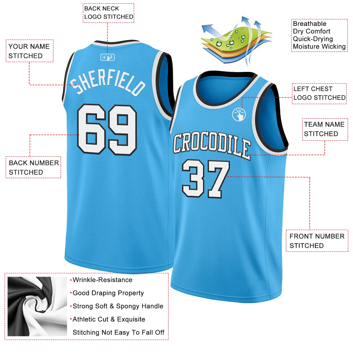 Custom Sky Blue White-Black Authentic Basketball Jersey