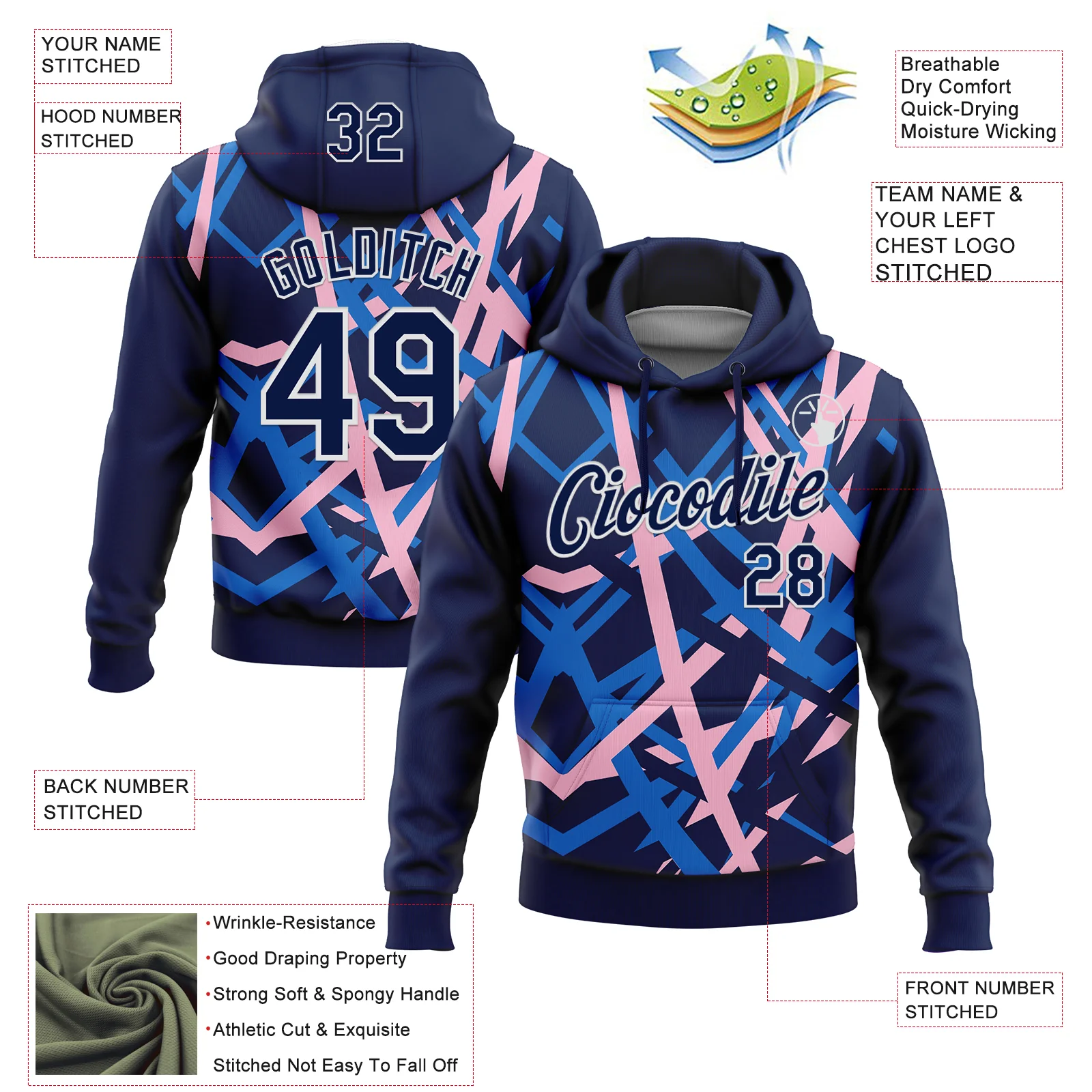 Custom Stitched Navy Blue Light Pink-White 3D Pattern Design Geometric Shape Sports Pullover Sweatshirt Hoodie