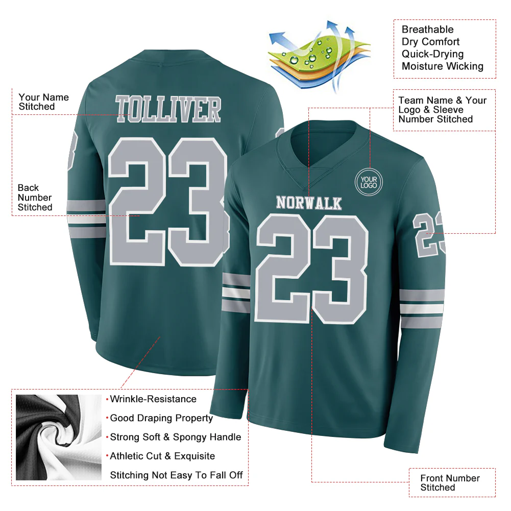 Custom Midnight Green Gray-White Long Sleeve Authentic Football Jersey