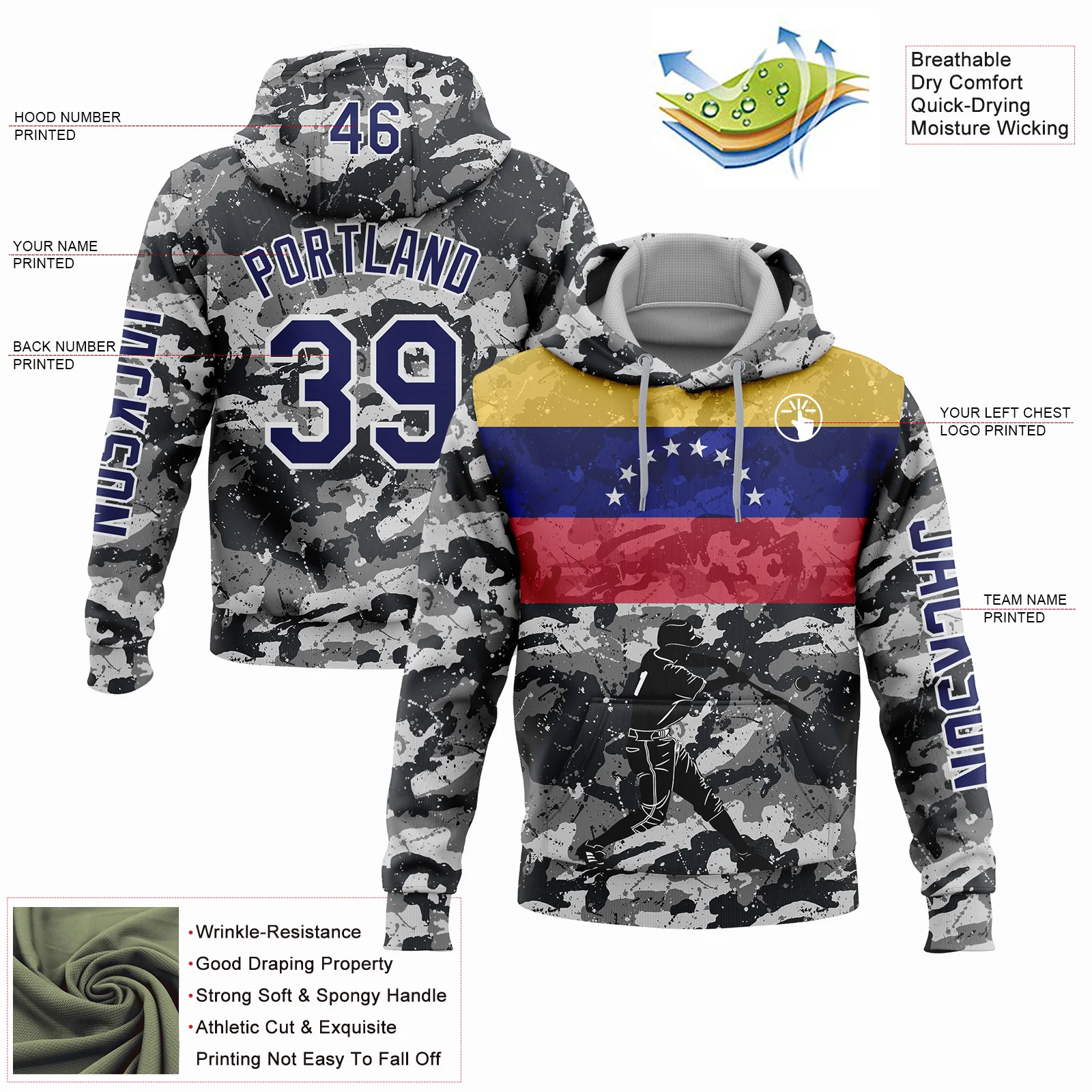 Custom Camo Navy-White 3D Venezuela Venezuelan Flag Sports Pullover Sweatshirt Salute To Service Hoodie