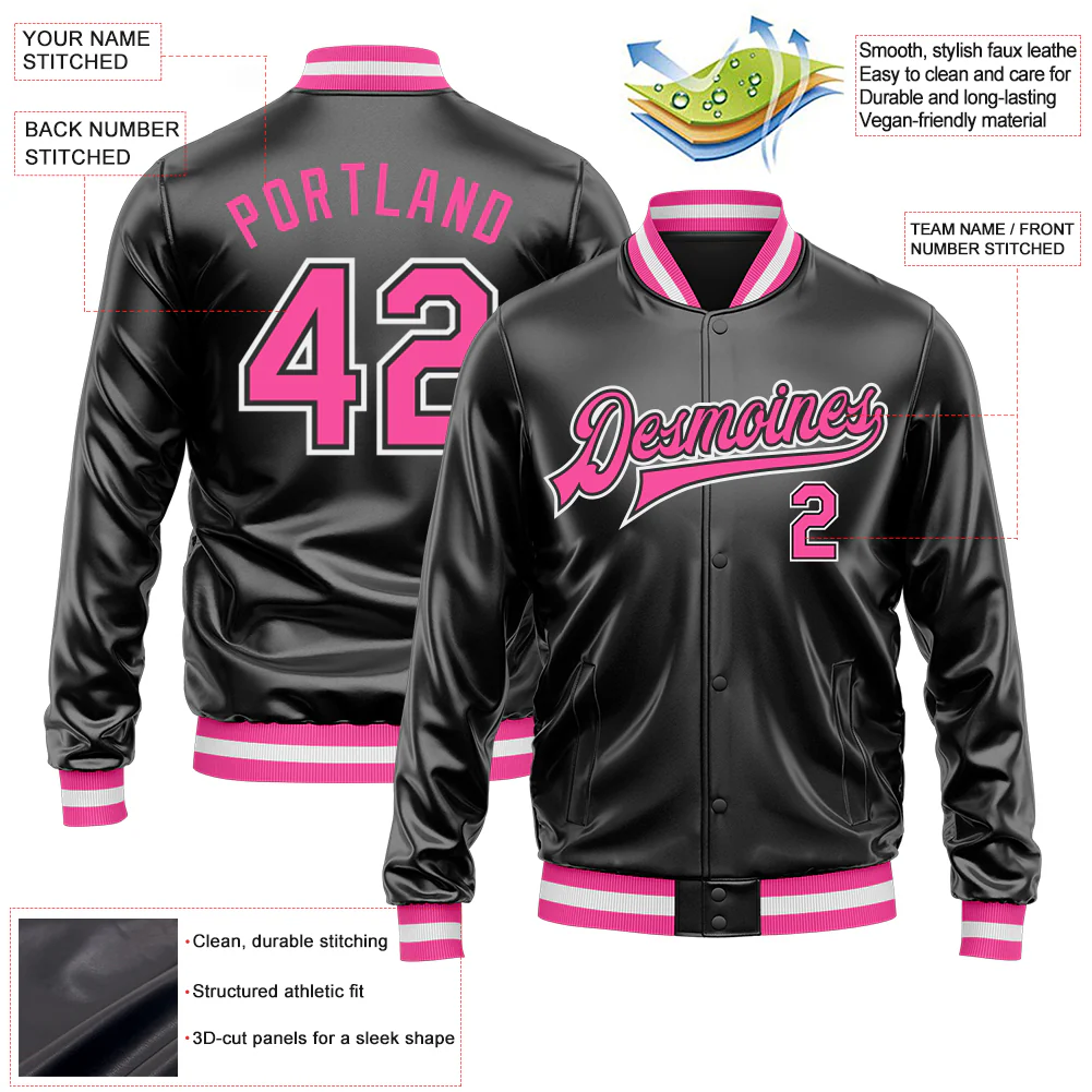 Custom Black Pink-White Bomber Full-Snap Varsity Faux Leather Letterman Jacket