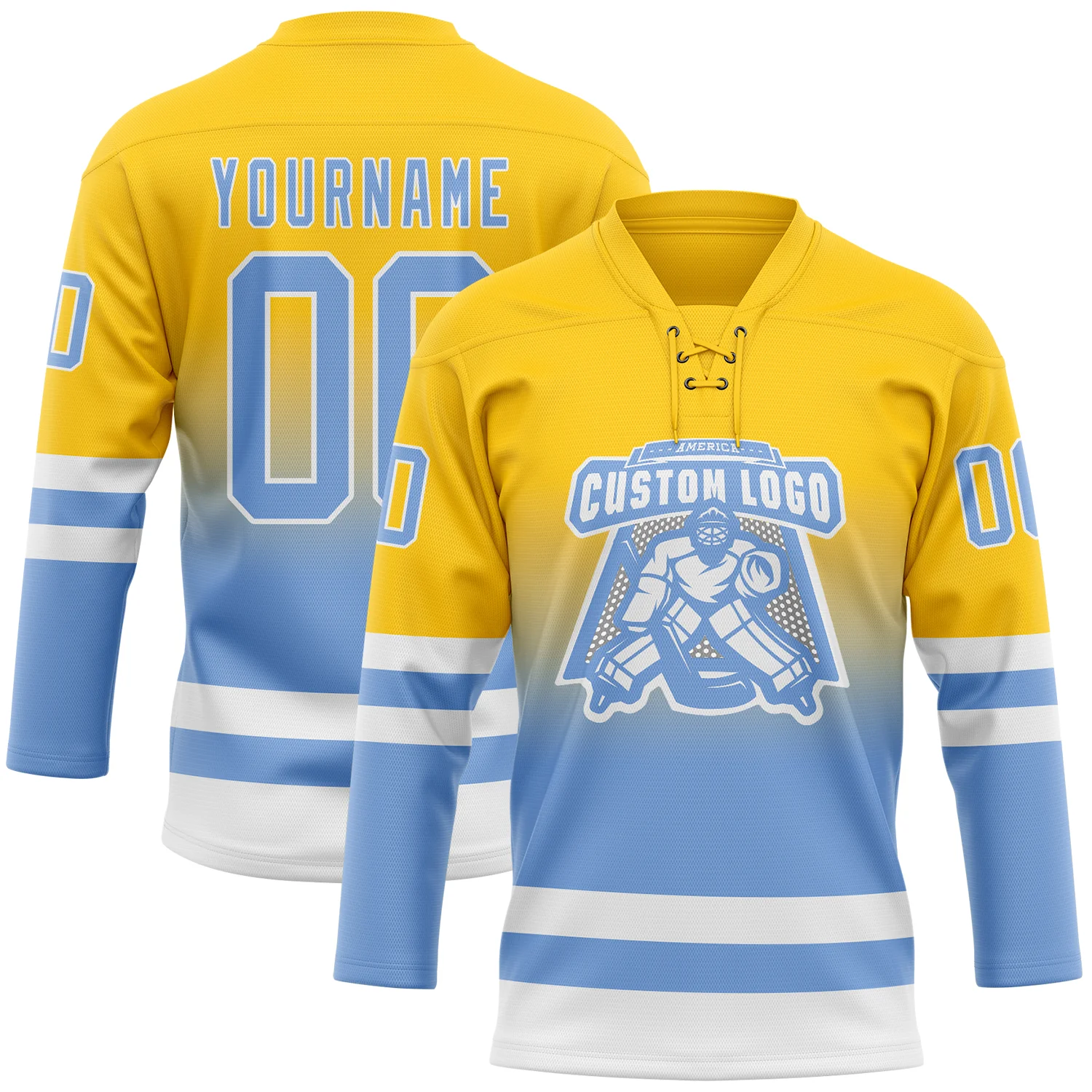 Custom Yellow Light Blue-White Fade Fashion Hockey Lace Neck Jersey