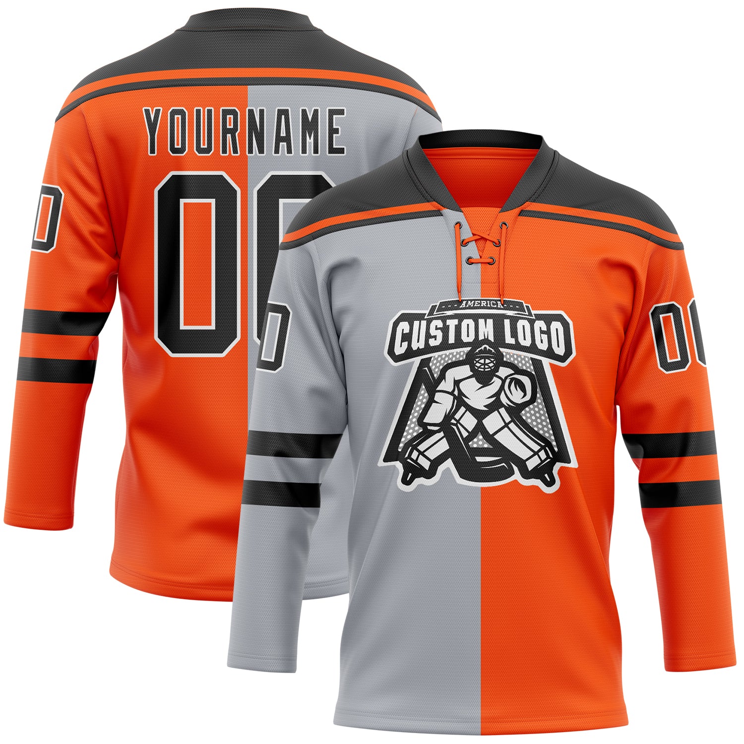 Custom Orange Black Gray-White Split Fashion Hockey Lace Neck Jersey