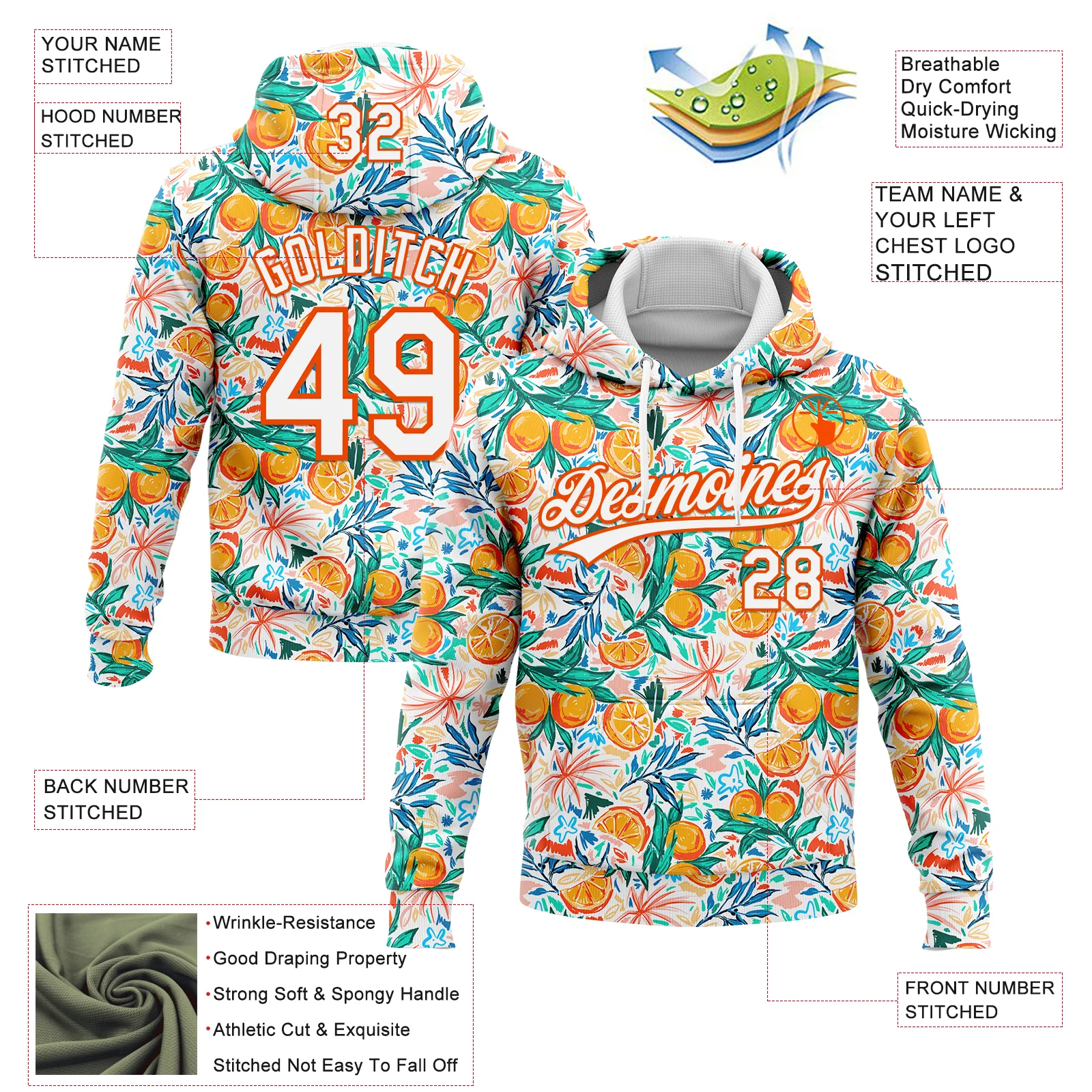 Custom Stitched White Orange 3D Pattern Design Fruit Sports Pullover Sweatshirt Hoodie