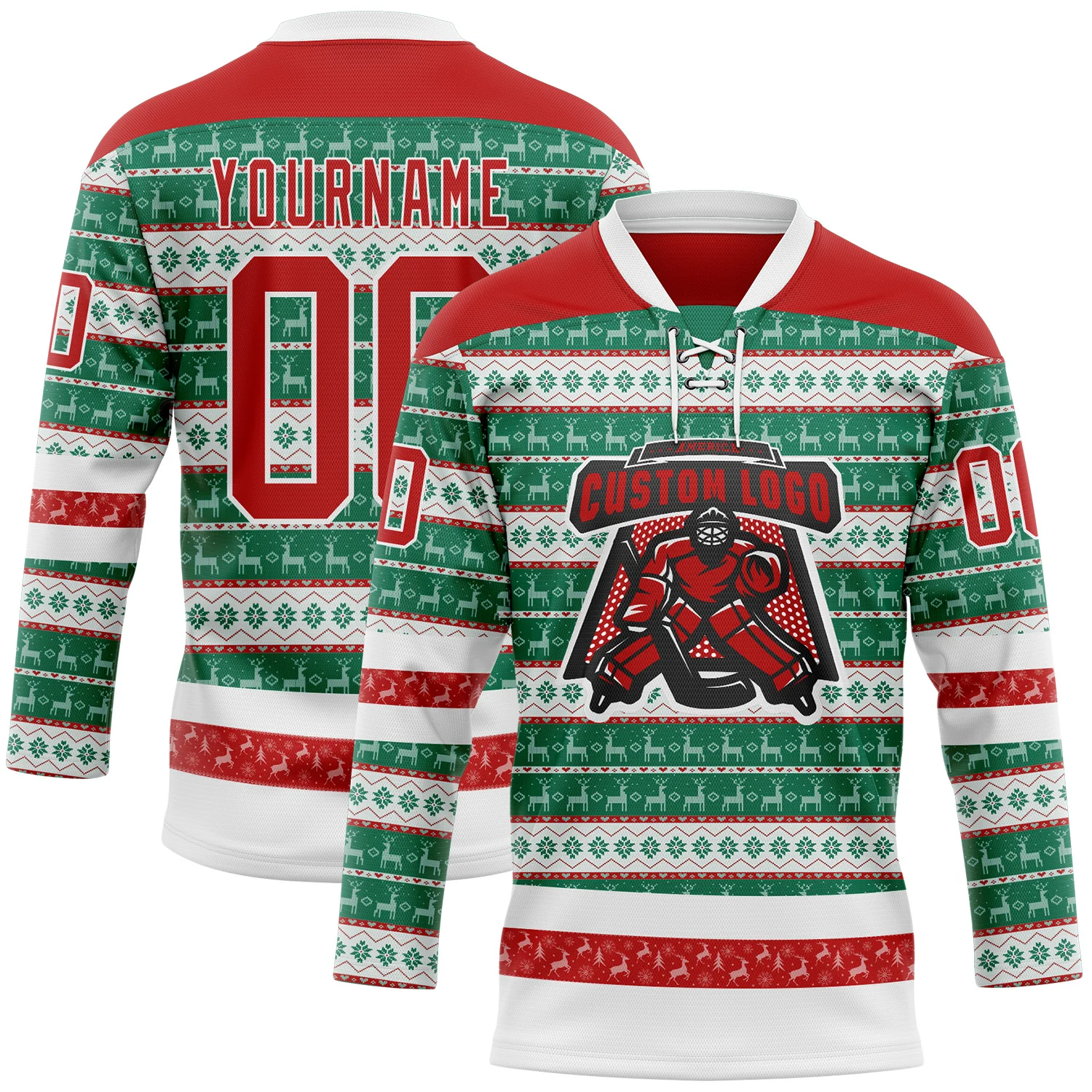 Custom Kelly Green Red-White 3D Christmas Ugly Sweater Hockey Lace Neck Jersey