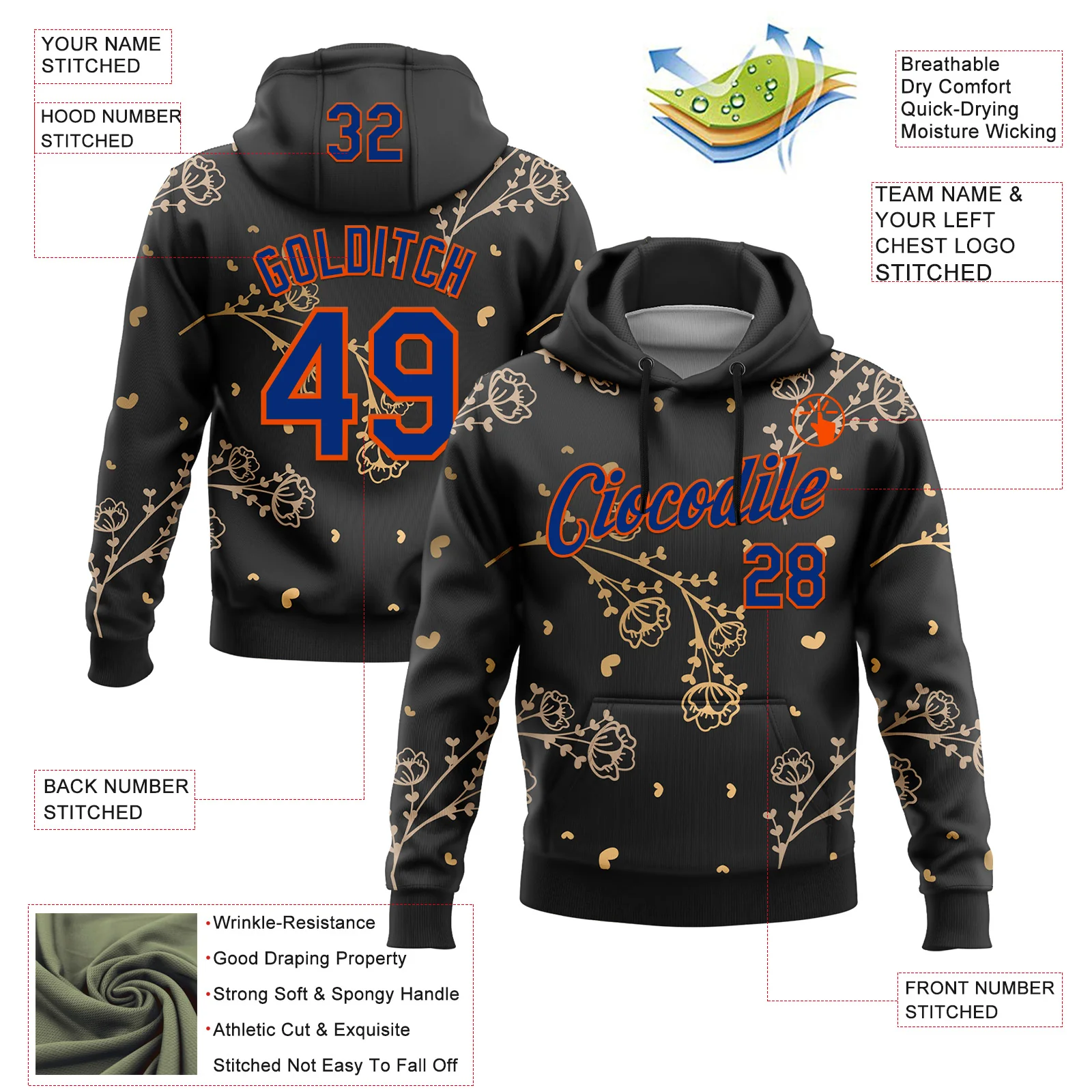 Custom Stitched Black Royal-Orange 3D Pattern Design Golden Subtle Floral Sports Pullover Sweatshirt Hoodie