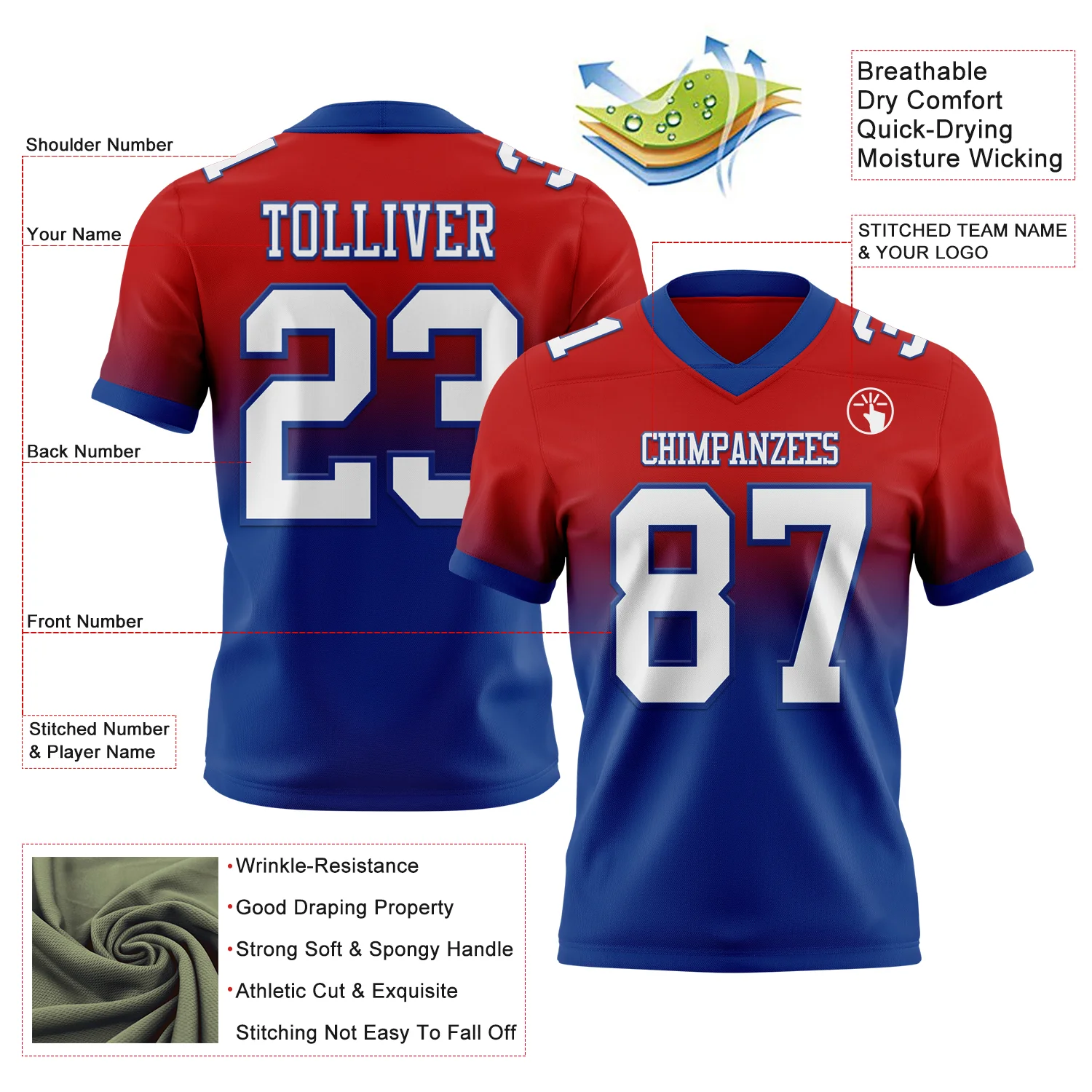 Custom Red White-Royal Authentic Fade Fashion Football Jersey
