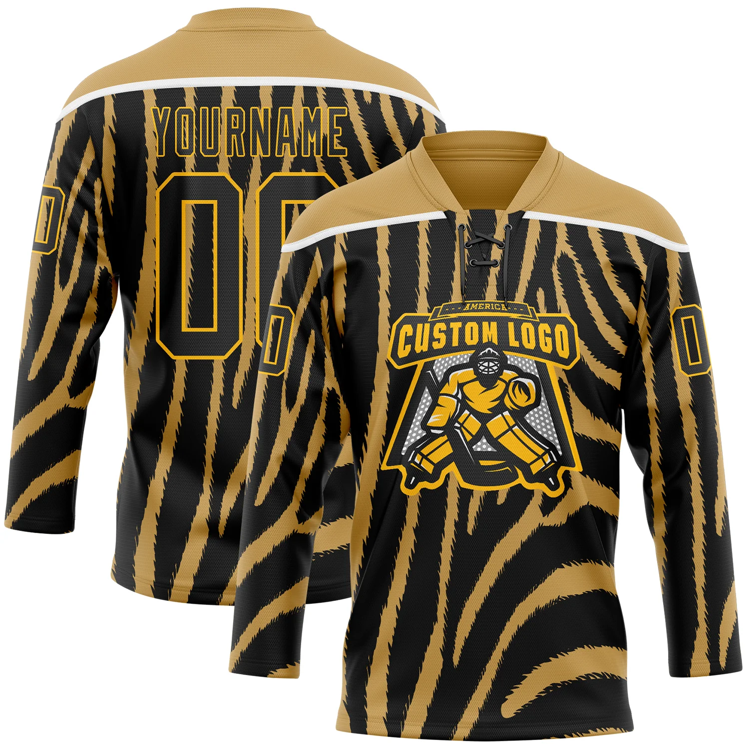 Custom Old Gold Black Gold-White 3D Pattern Zebra Print Hockey Lace Neck Jersey