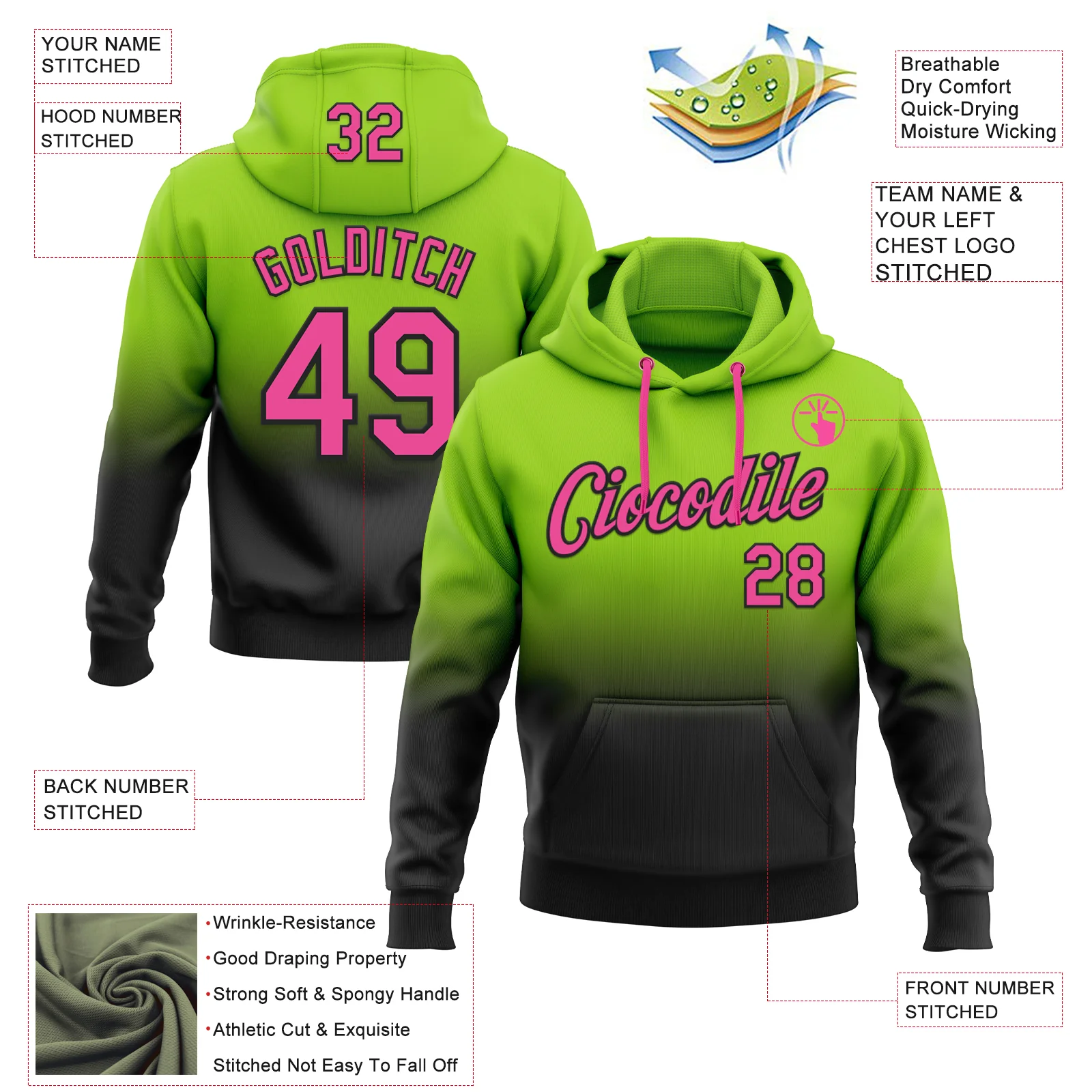 Custom Stitched Neon Green Pink-Black Fade Fashion Sports Pullover Sweatshirt Hoodie