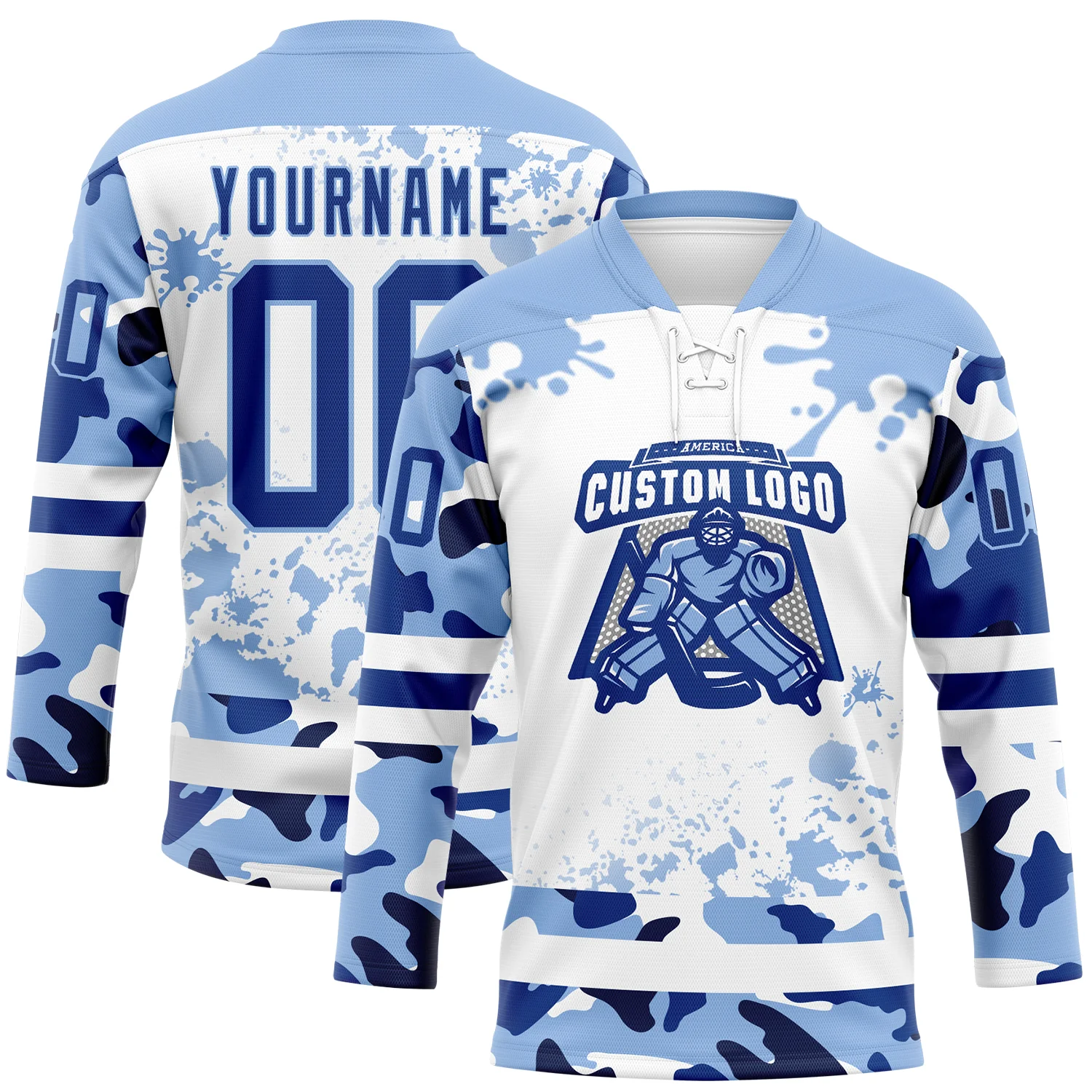 Custom Camo Royal Light Blue-White Splash Hockey Lace Neck Jersey