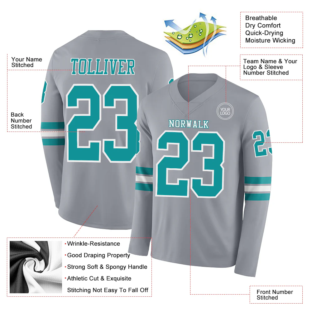 Custom Gray Teal-White Long Sleeve Authentic Football Jersey