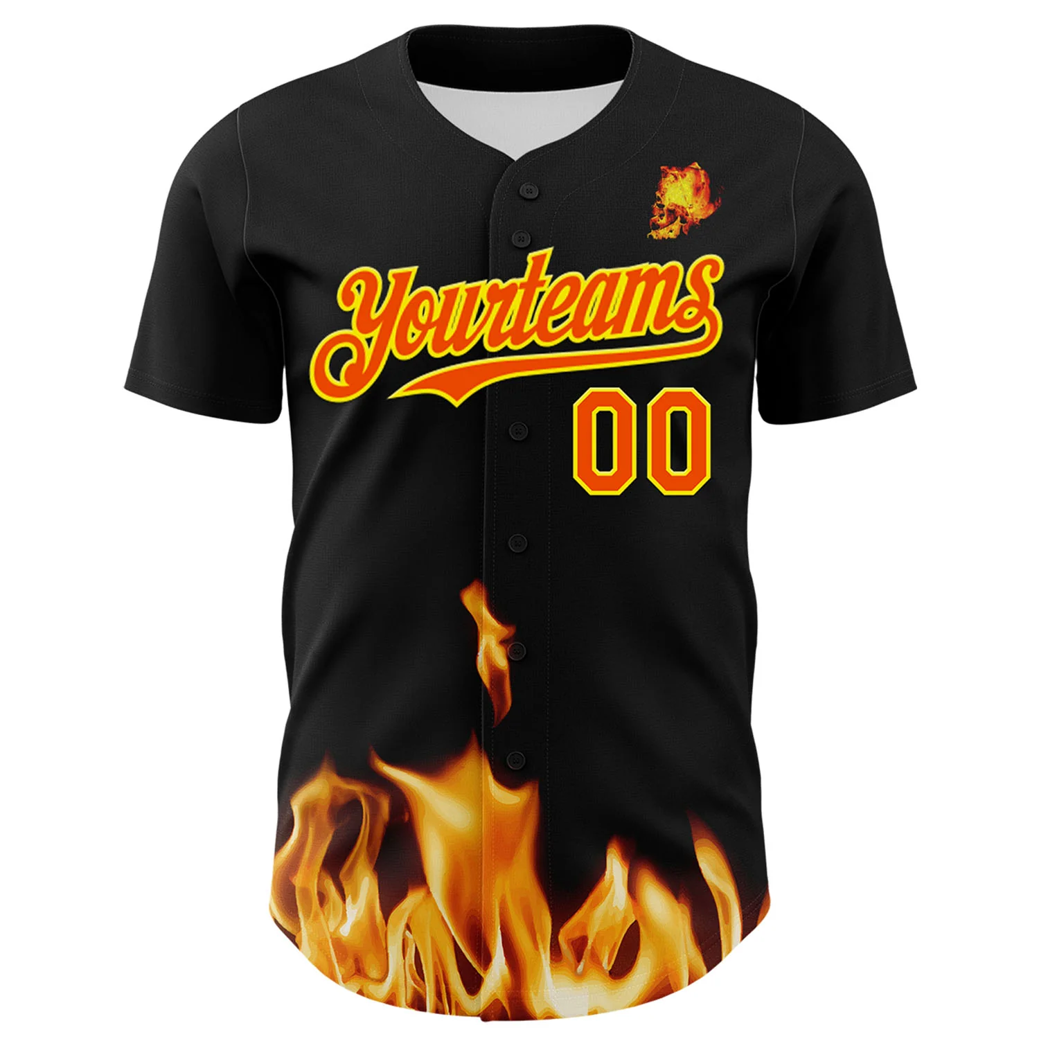 Custom Black Orange-Light Yellow 3D Flame? Skull Authentic Baseball Jersey