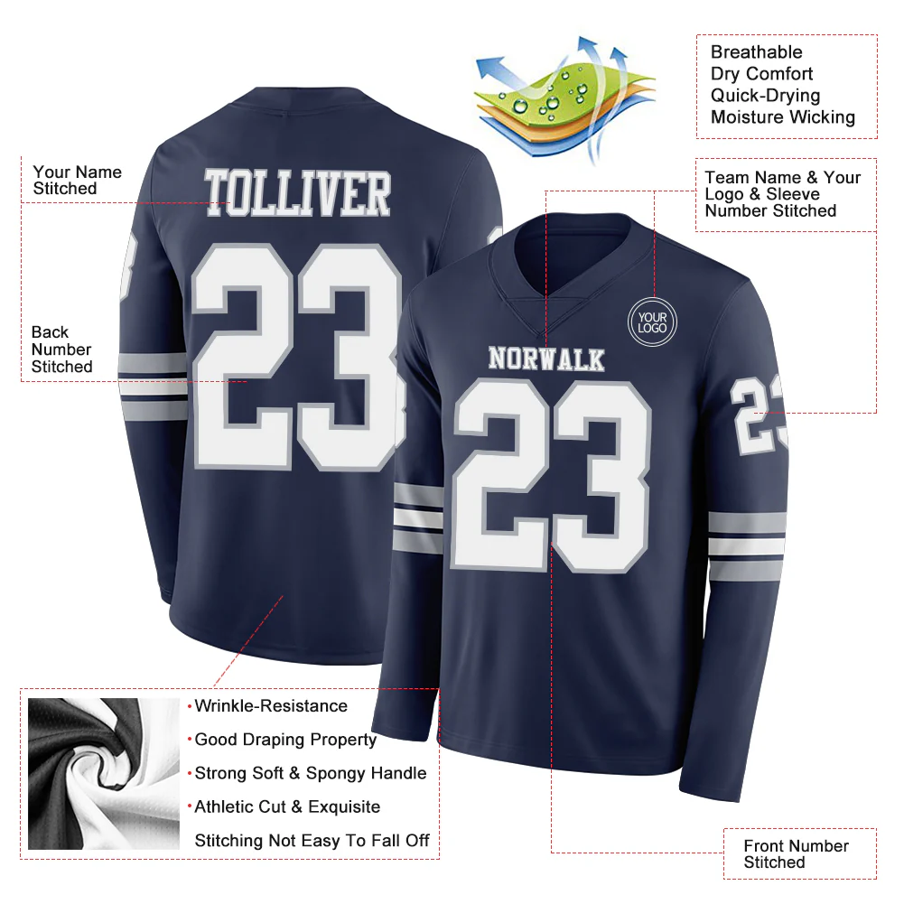 Custom Navy White-Gray Long Sleeve Authentic Football Jersey