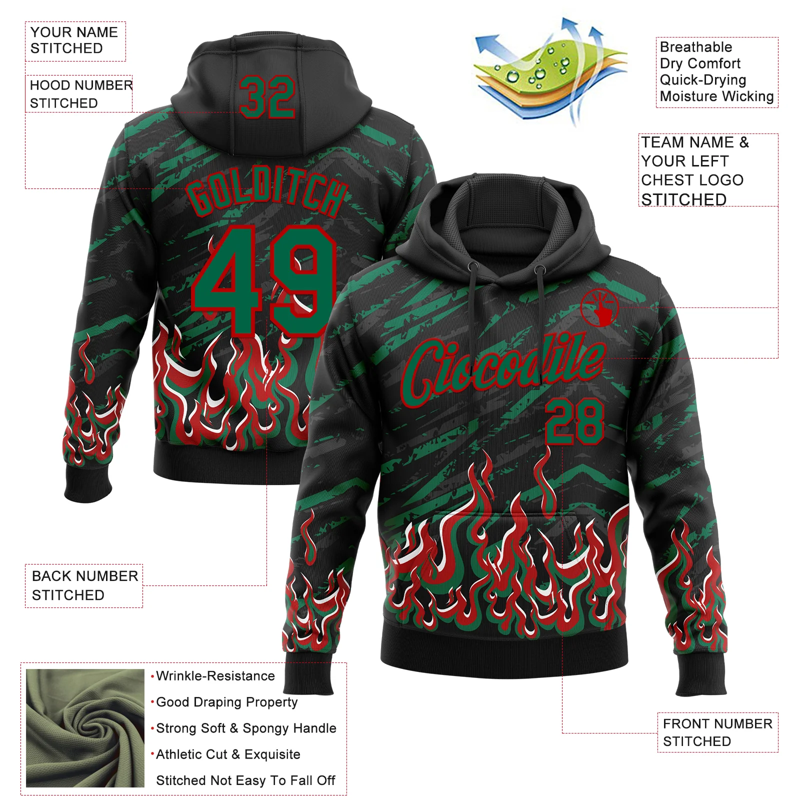Custom Stitched Black Kelly Green Red-White 3D Pattern Design Flame Sports Pullover Sweatshirt Hoodie