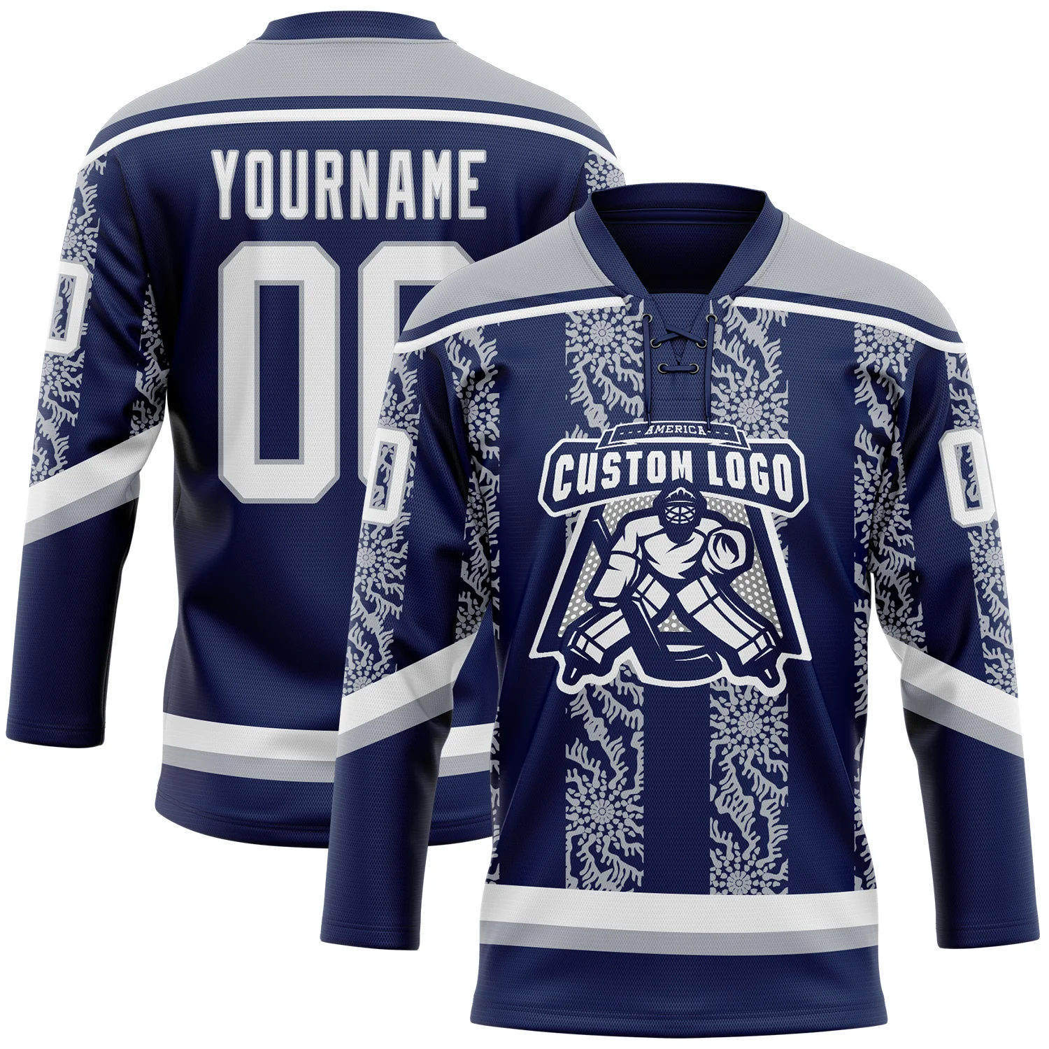 Custom Navy White-Gray 3D Pattern Abstract Shape Hockey Lace Neck Jersey