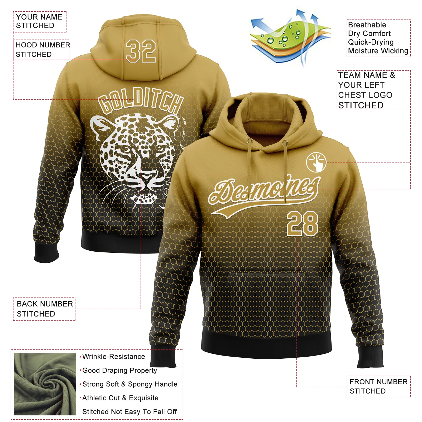 Custom Stitched Black Old Gold-White 3D Pattern Design Leopardo Sports Pullover Sweatshirt Hoodie