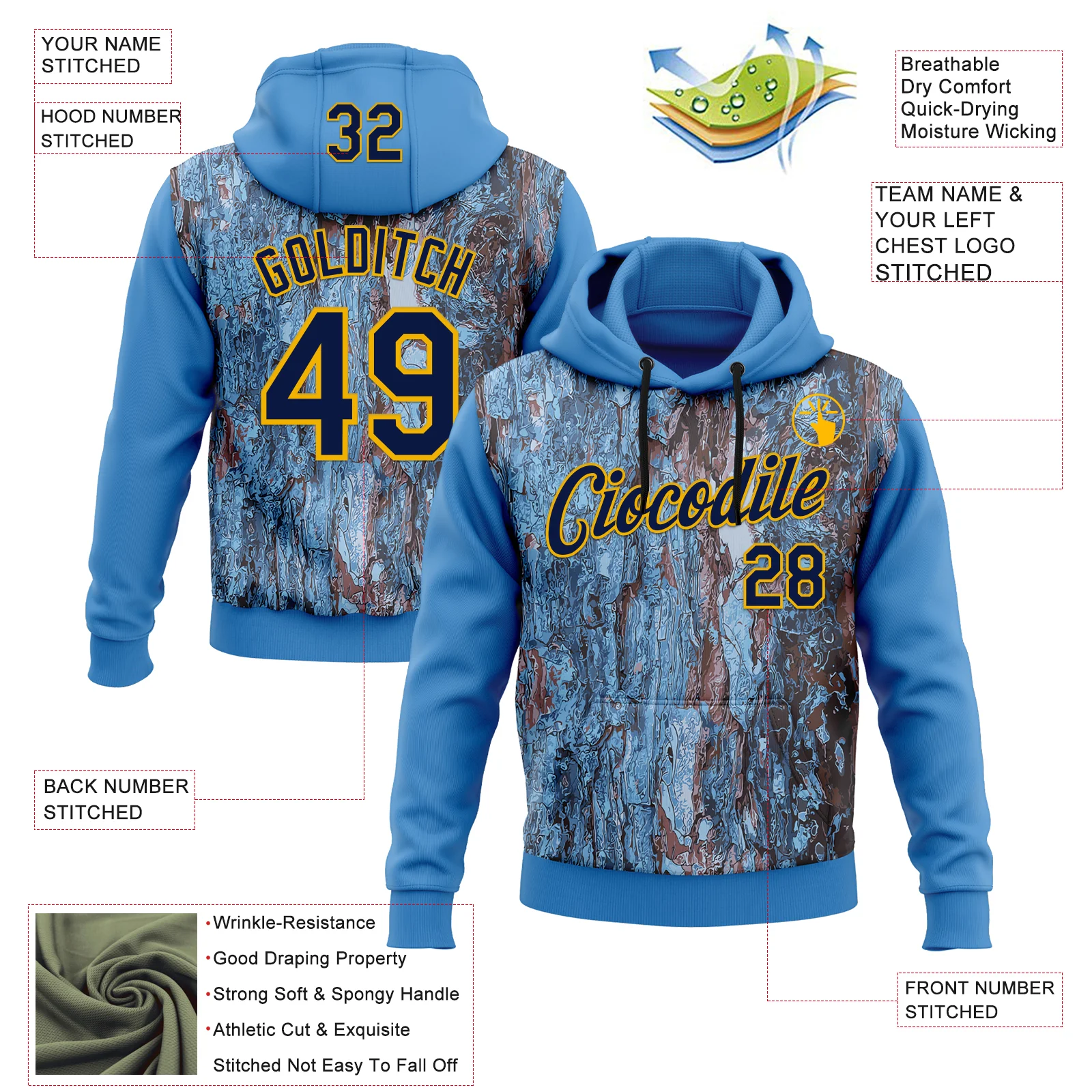 Custom Stitched Blue Navy-Gold 3D Pattern Design Tree Camo Hunting Sports Pullover Sweatshirt Hoodie