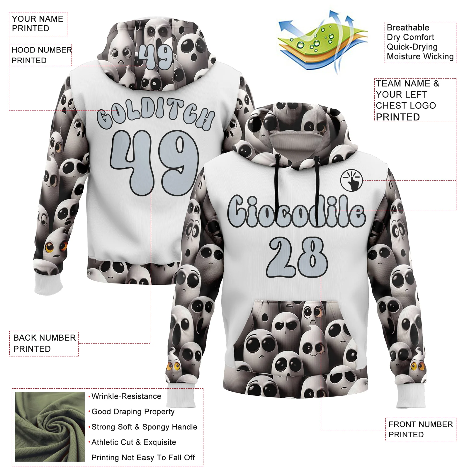 Custom White Silver-Black 3D Skull Funny Soul Sports Pullover Sweatshirt Hoodie