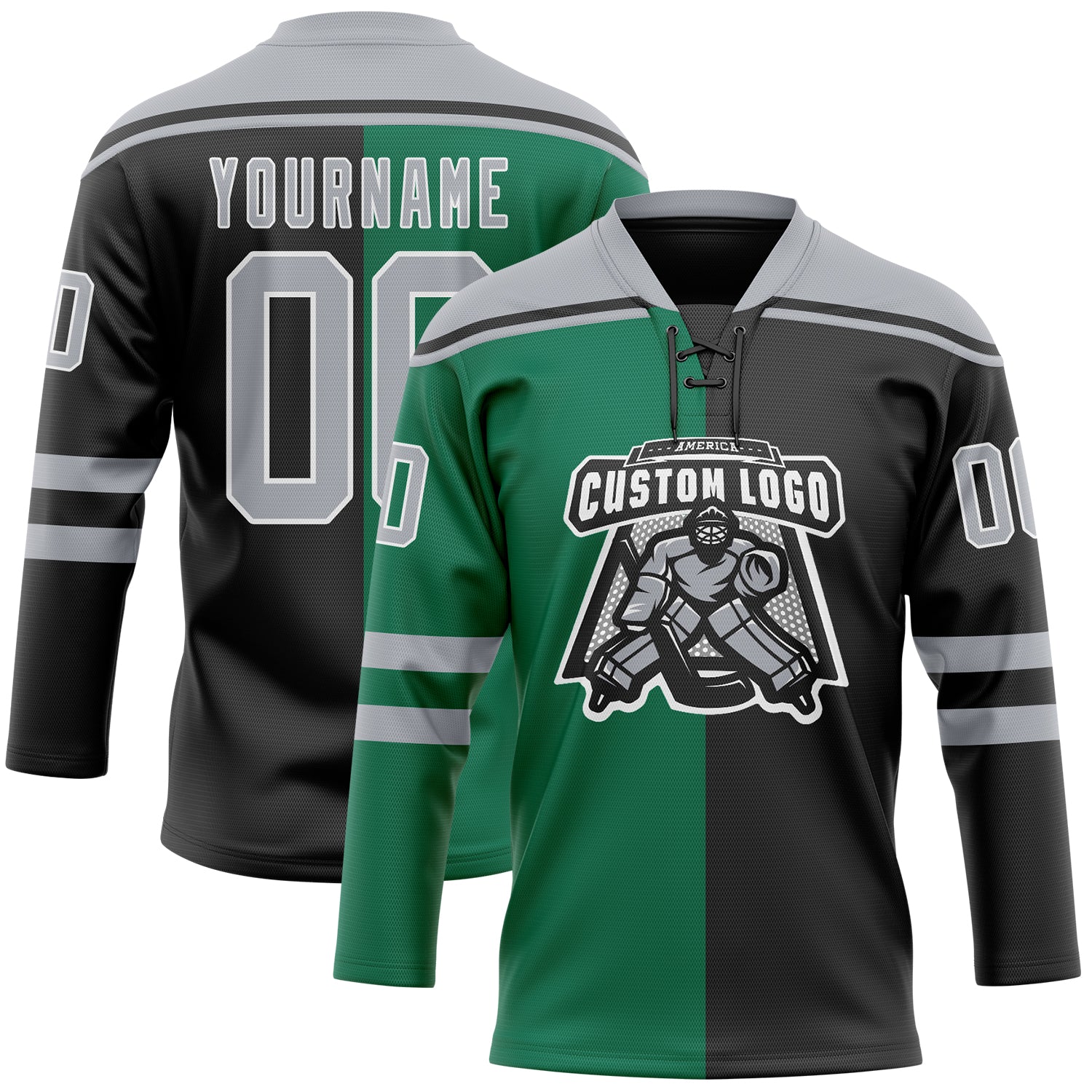 Custom Black Gray Kelly Green-White Split Fashion Hockey Lace Neck Jersey