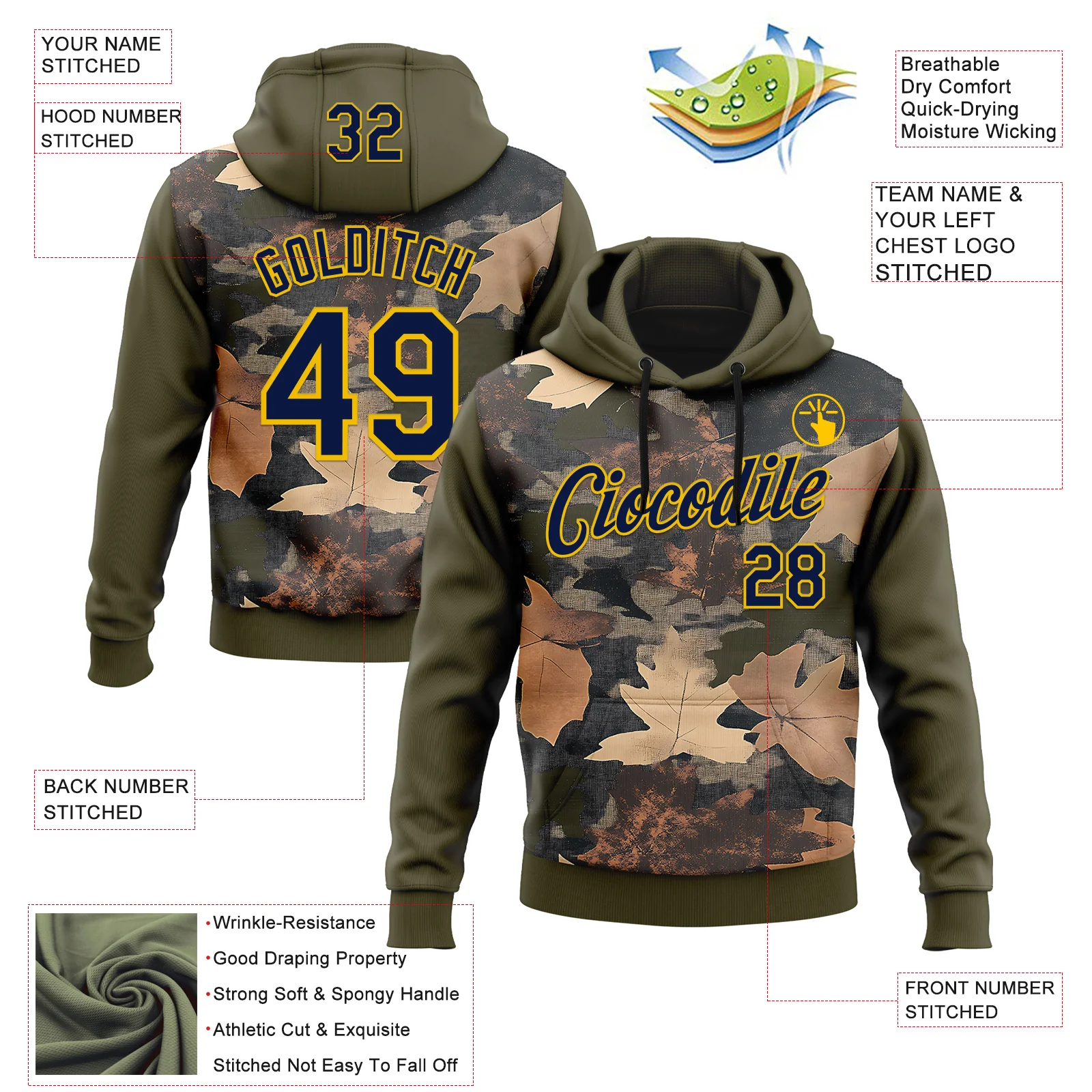 Custom Stitched Olive Navy-Yellow 3D Pattern Design Tree Camo Hunting Sports Pullover Sweatshirt Salute To Service Hoodie