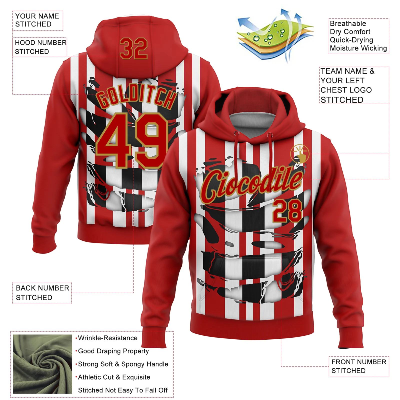 Custom Stitched Red White Black-Old Gold 3D Pattern Design Stripe Sports Pullover Sweatshirt Hoodie